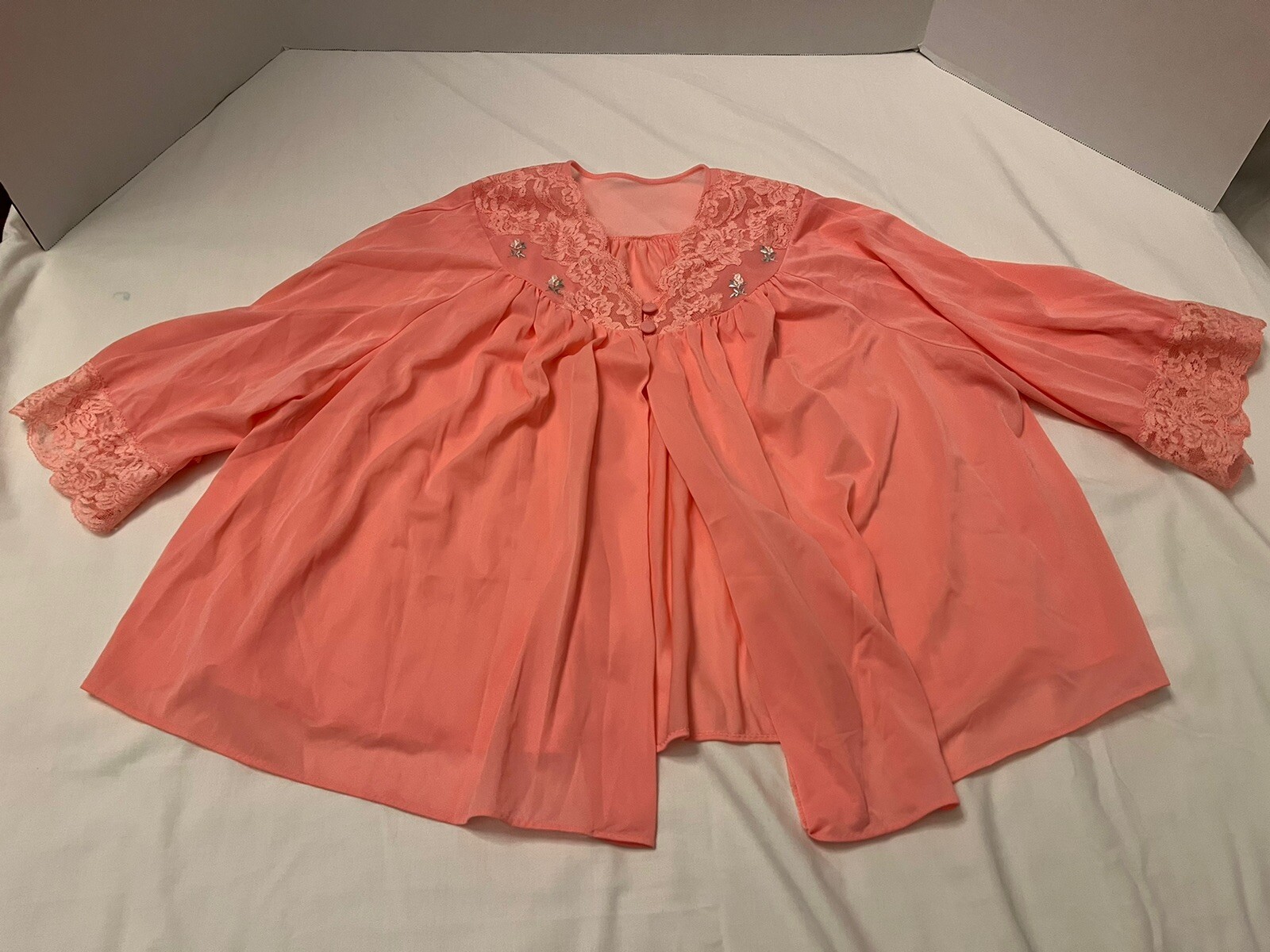 VintageShadowline Peachy Pink Bed Jacket Cropped Lace Nylon Lingerie 70s Size Sm