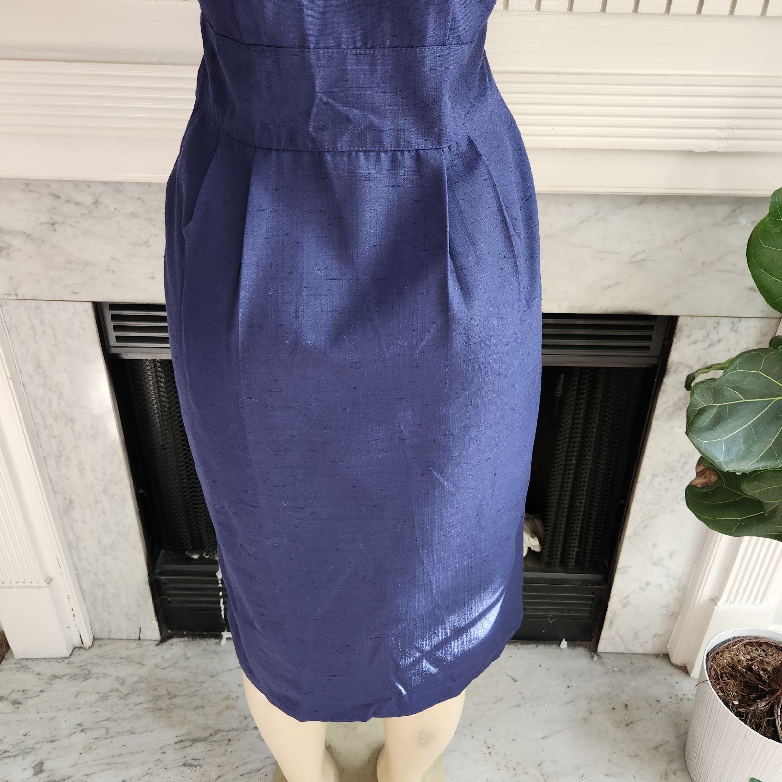 Vintage 80s Blue Midi Pencil Dress Military Nautical Office Pleated Size 6