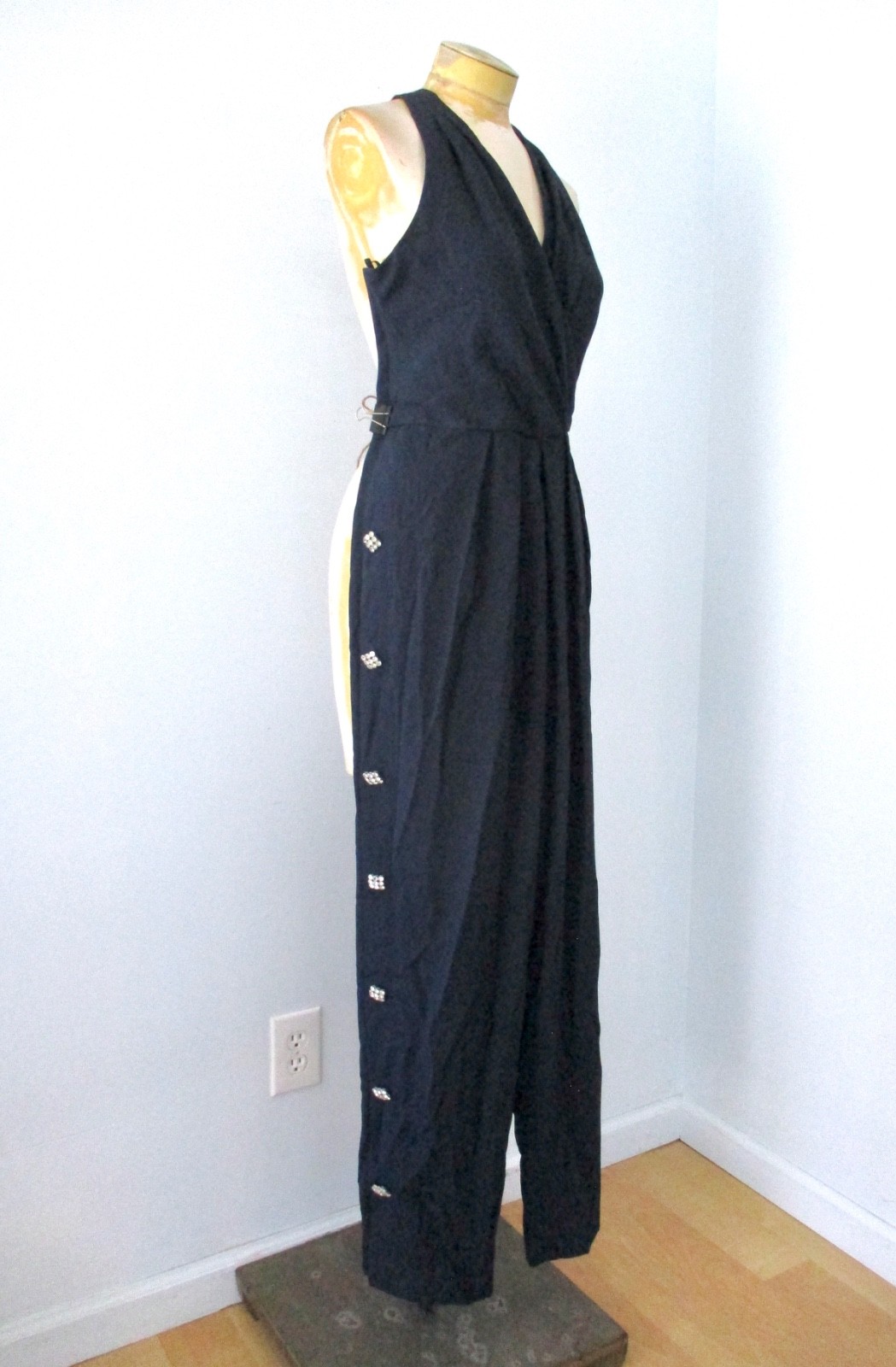 Vtg 80s navy blue crepe harem halter backless jumpsuit rhinestone buttons 12