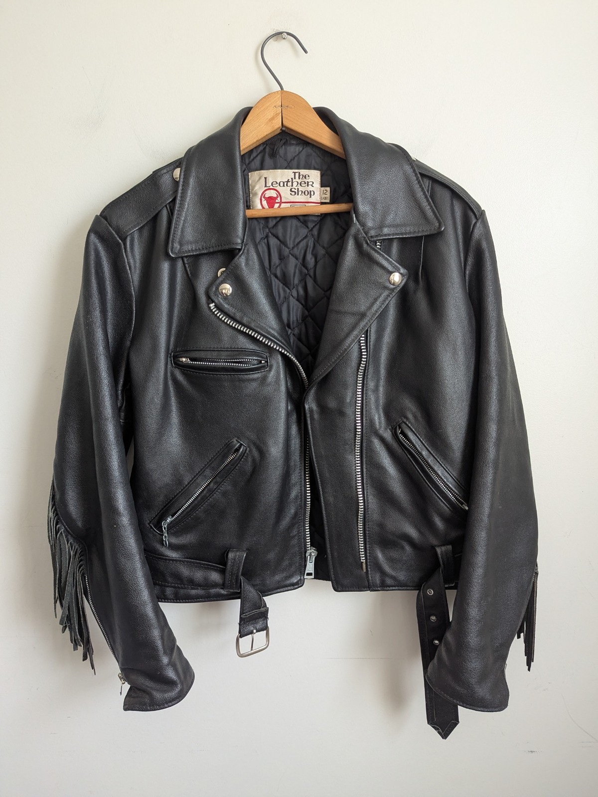 Vintage 60s Sears Black Leather Biker Moto Jacket Belted Fringe Womens S M Punk