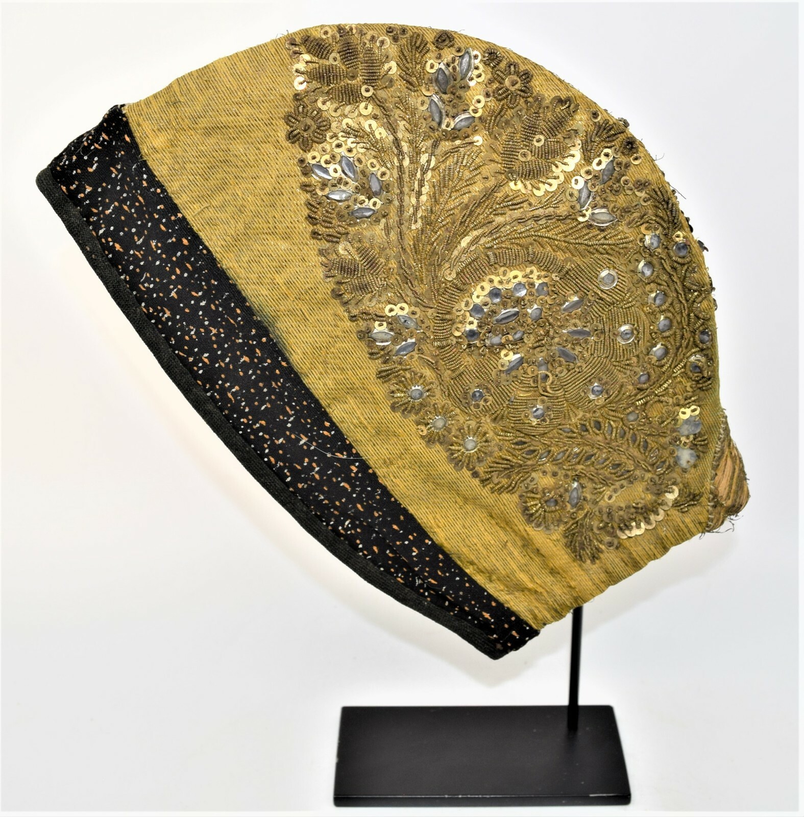 Antique 18th Century Beaded Woman’s Gold Hat Coif Hand Painted Trim European