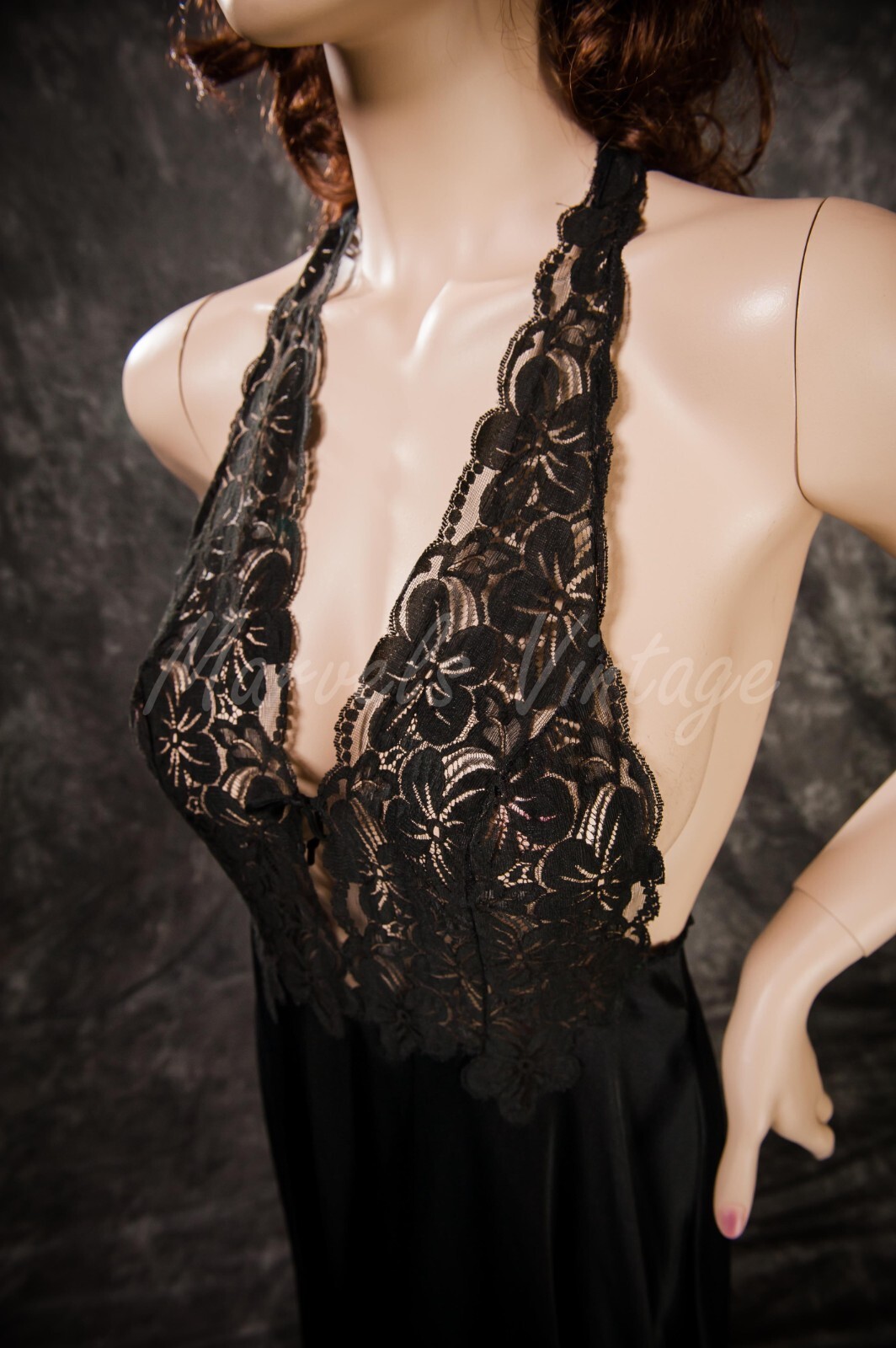 Vintage Glydon’s Hollywood Nightgown Long Black Nylon Lace Chest Halter Top Med