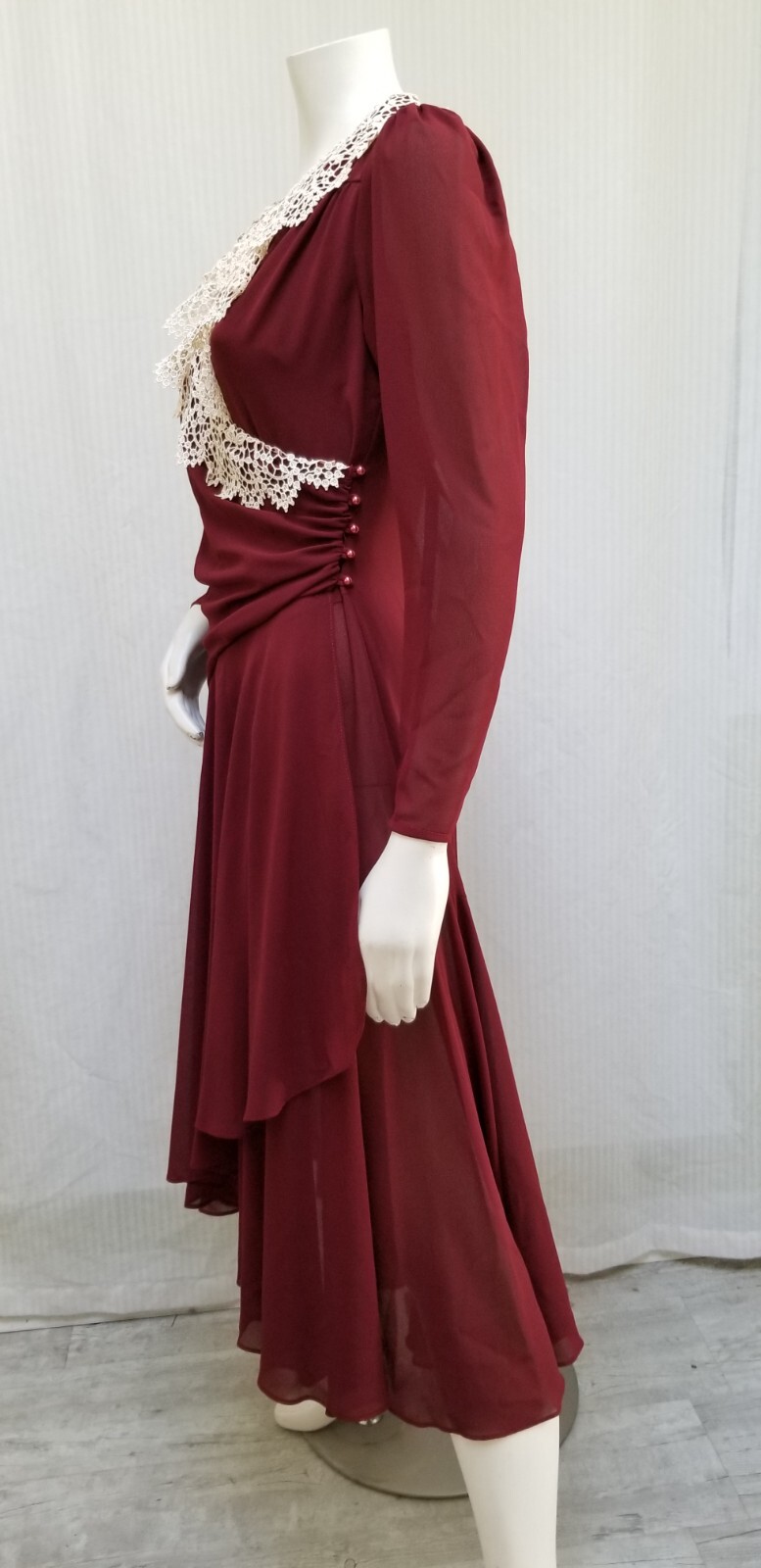 Vintage CASADEI Burgundy Chiffon Wrap Dress w/ Crochet Trim – Size S – EUC