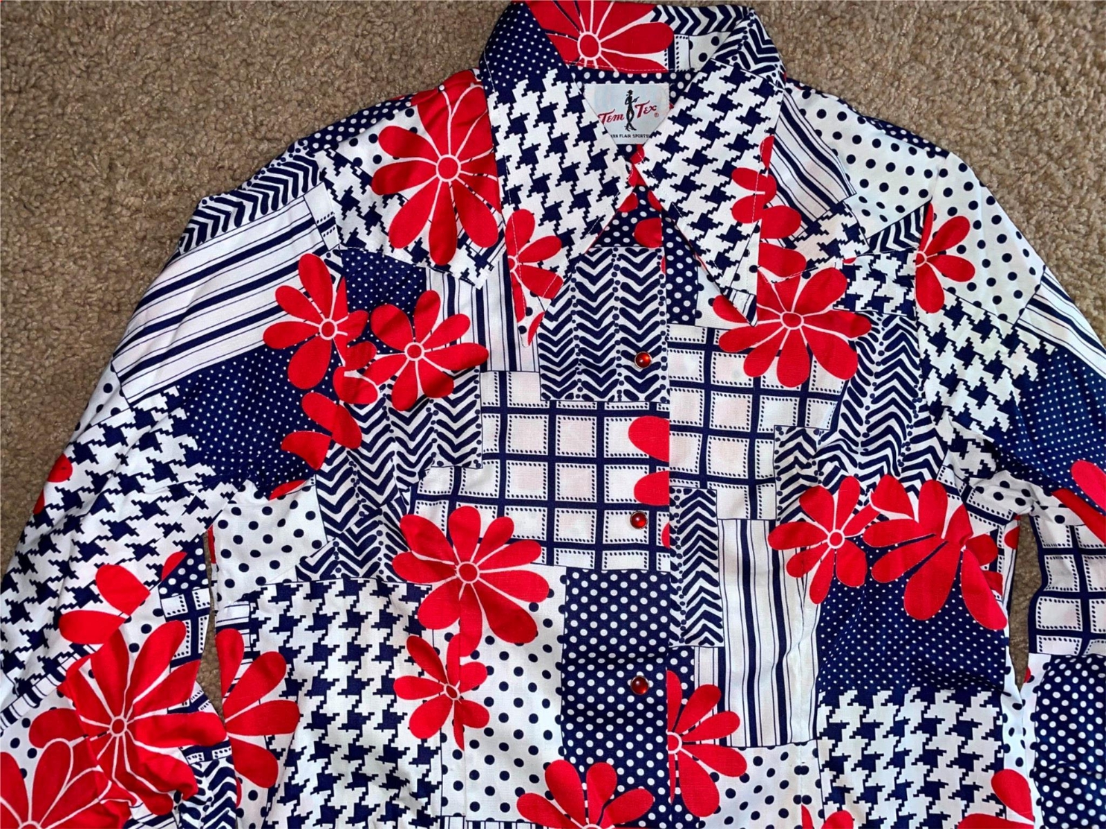 VTG 60S 70S WOMENS MEDIUM TEM TEX RAYON FLOWER BUTTON WESTERN COWBOY SHIRT