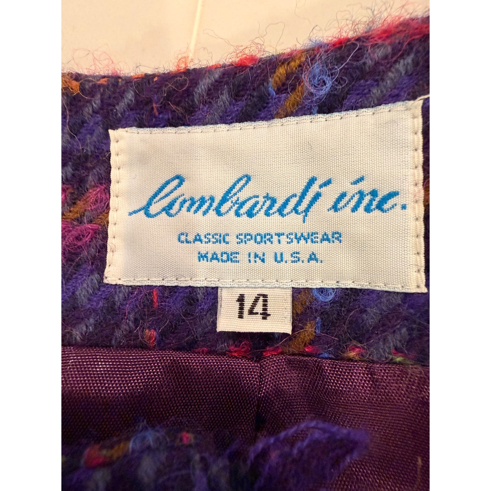 Lombardi Inc Vintage Purple Plaid Wool Cropped Jacket Fringe Button Up Size 14