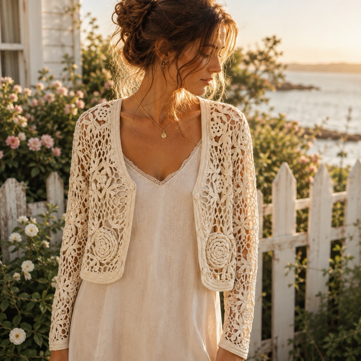 Vintage 90s Crochet Floral Cardigan Ivory Boho Cottagecore Cropped Open Knit M
