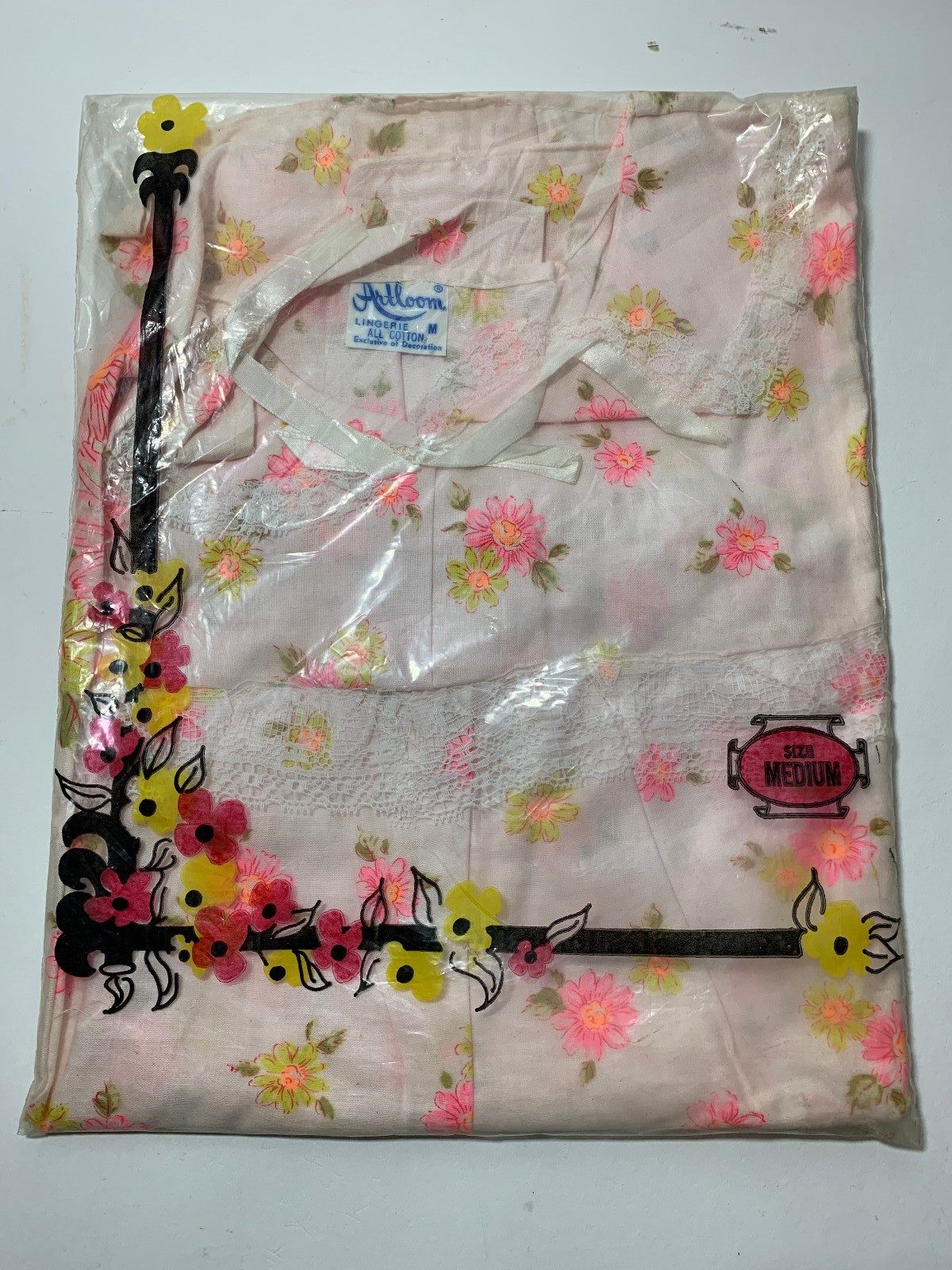 Vtg Artloom Lingerie 2 Piece Pajama Set – Size M – NOS – Florescent Floral Pink