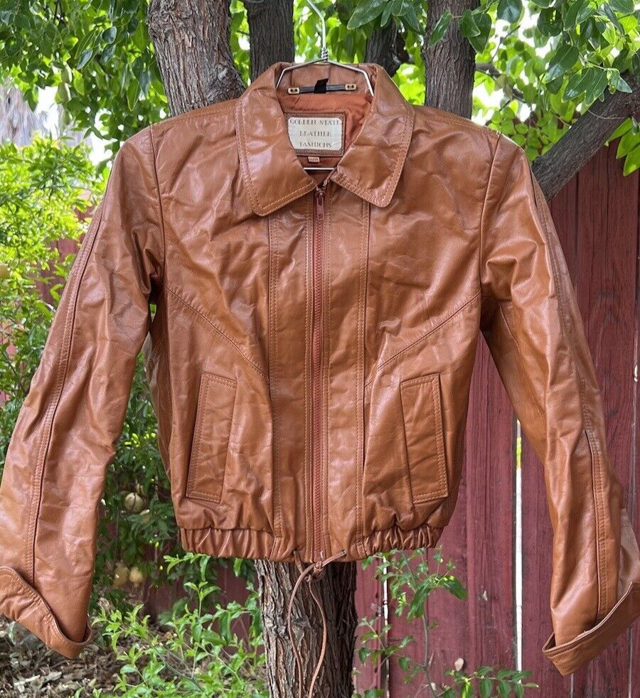 Vintage 70s Golden State Leather Fashions Womans Jacket Disco Camel Brown Retro