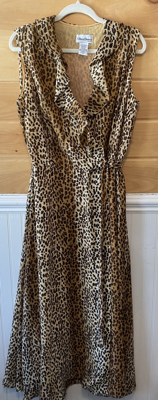 VTG Ultra Dress 80’s Ruffle Neck Wrap Maxi Cheetah/Leopard Print Dress 14/16