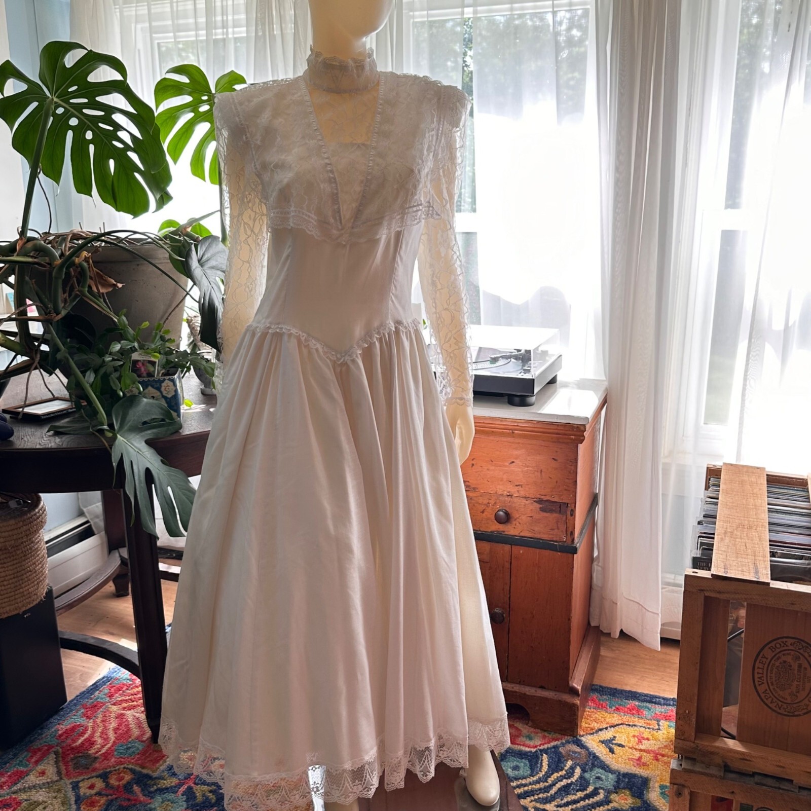 Vtg 80s Jessica McClintock White Gown 10 Wedding Graduation Dress Lace Bow