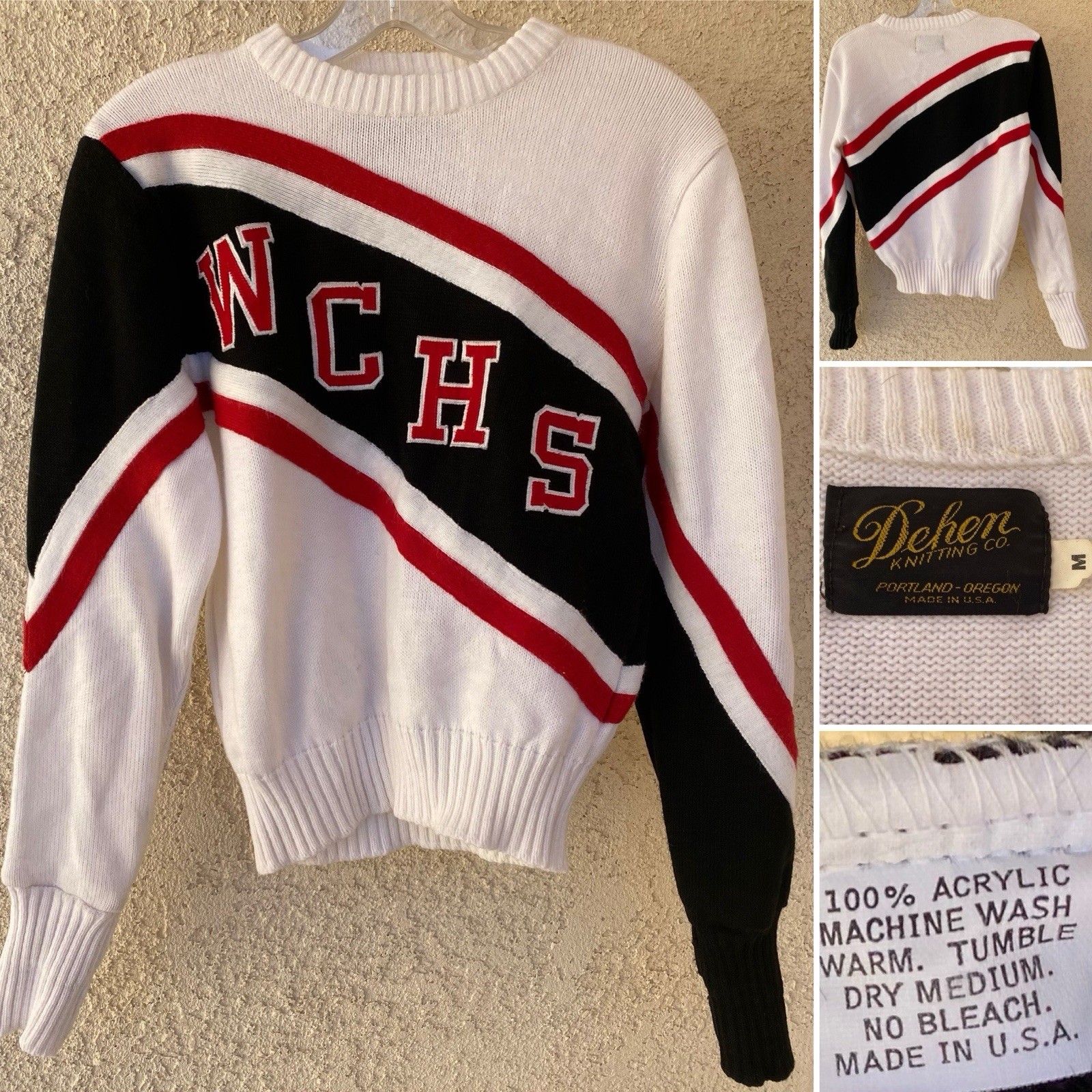 Vintage 80s Dehen Cheerleader Sweater WCHS White Black Red Acrylic Knit Size M