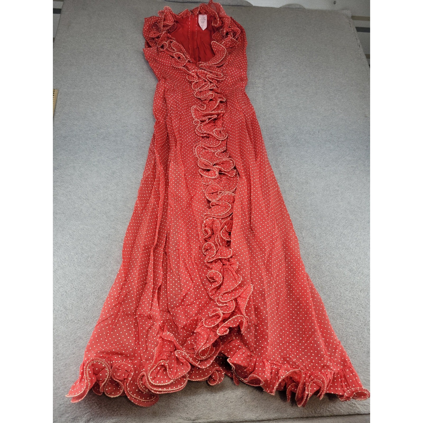 Vintage Red Polka Dot Ruffle Maxi Dress Womens Size 9 V-Neck Cascading Ruffles
