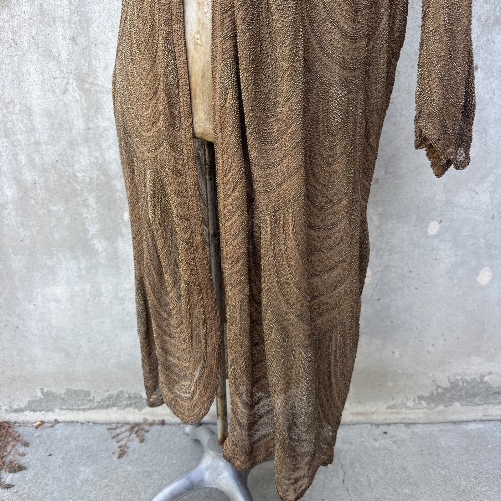 Antique 1920s Completely Beaded Gold Coat Scalloped Hem Art Deco Net Vintage