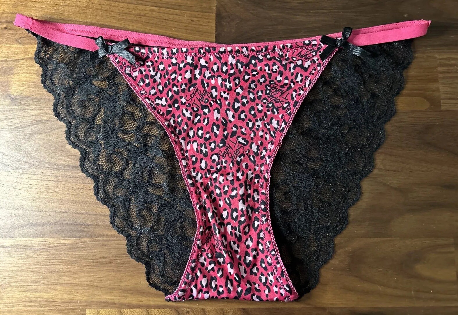 Vintage Joe Boxer Panties Pink String Bikini Leopard Print L Nylon Lace Back Bow