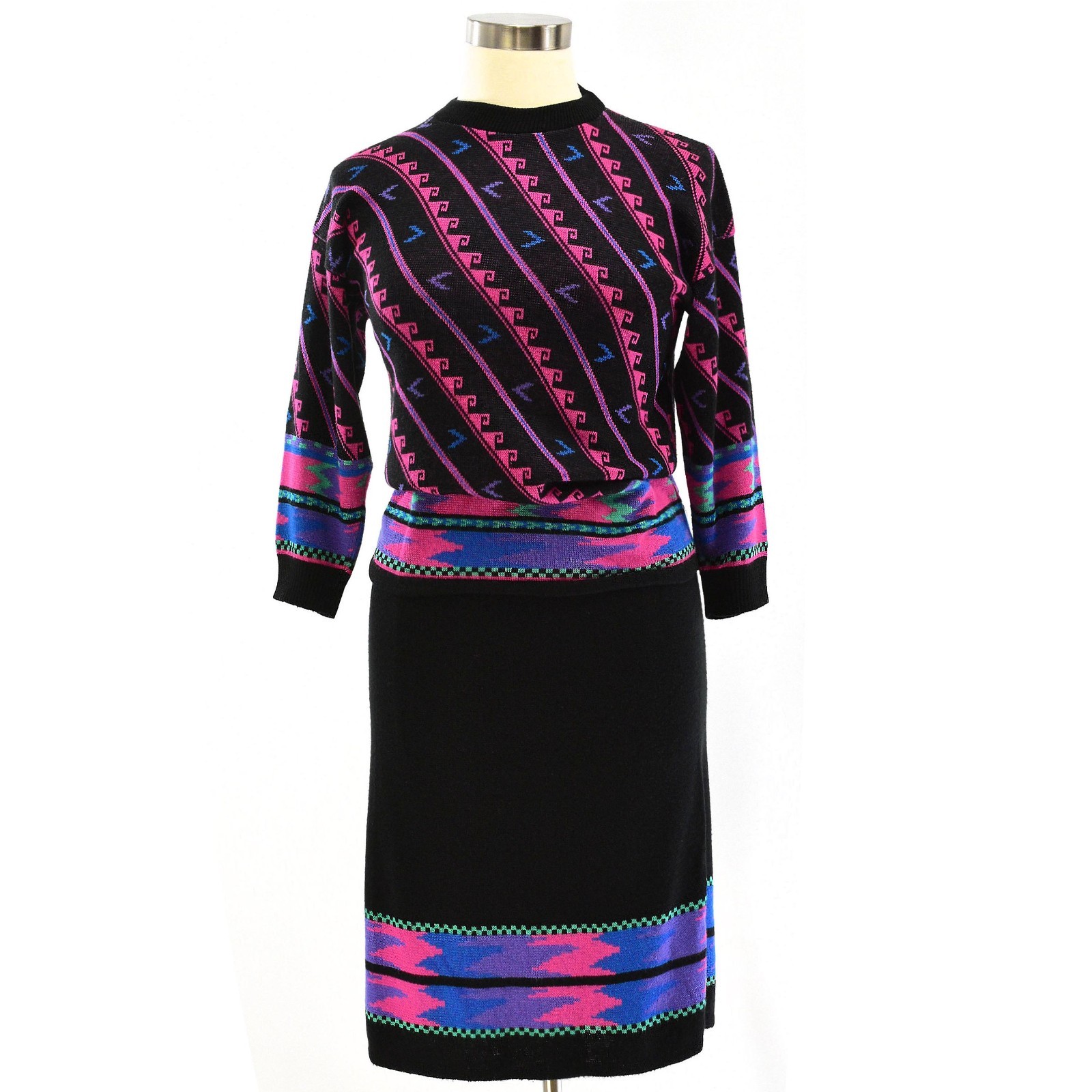70s Vintage Geometric Sweater & Skirt Set Womens M Neon Pink Black Mod Outfit