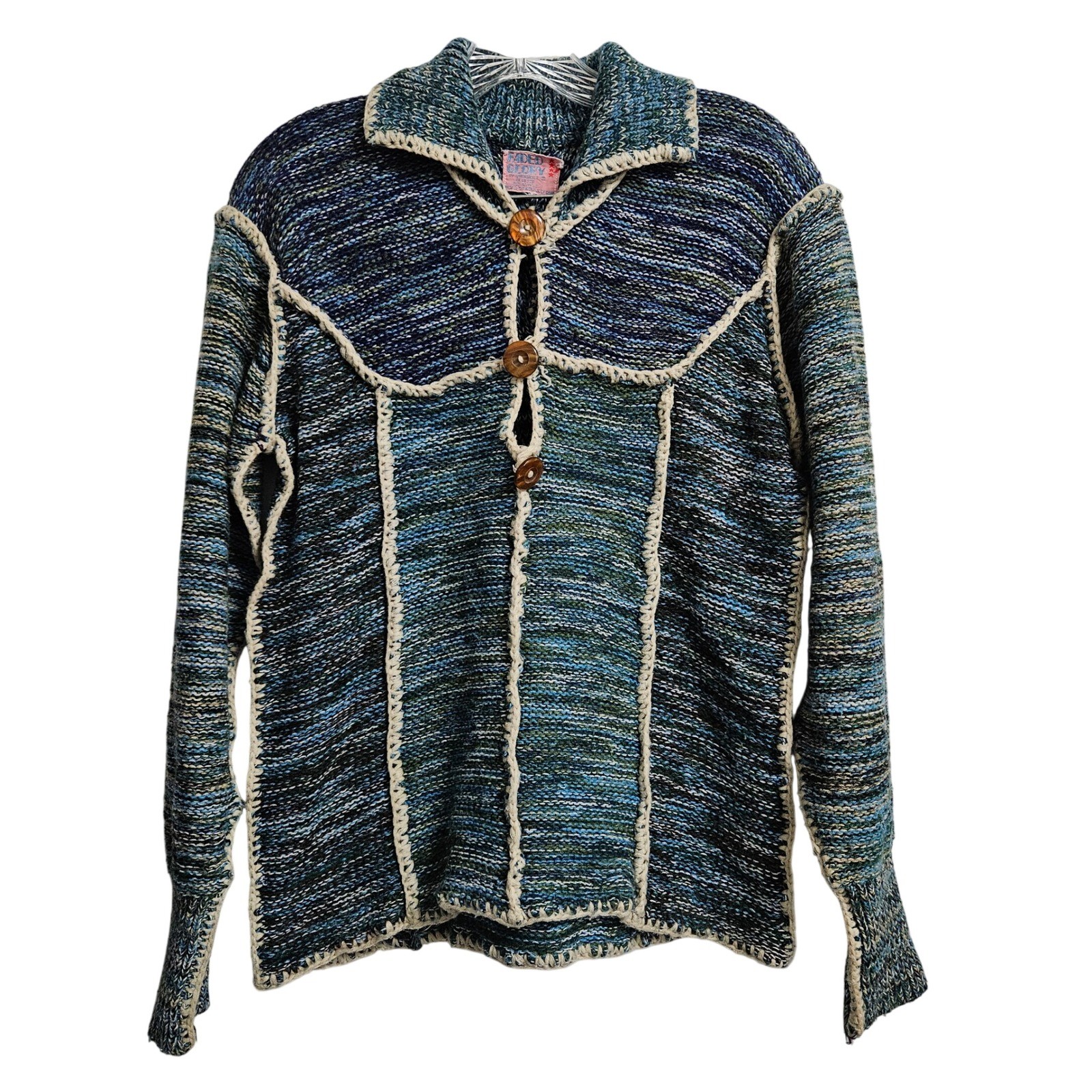 Appendagez Sweater Women Med Blue Space Dye Crochet Trim Vintage Boho Western