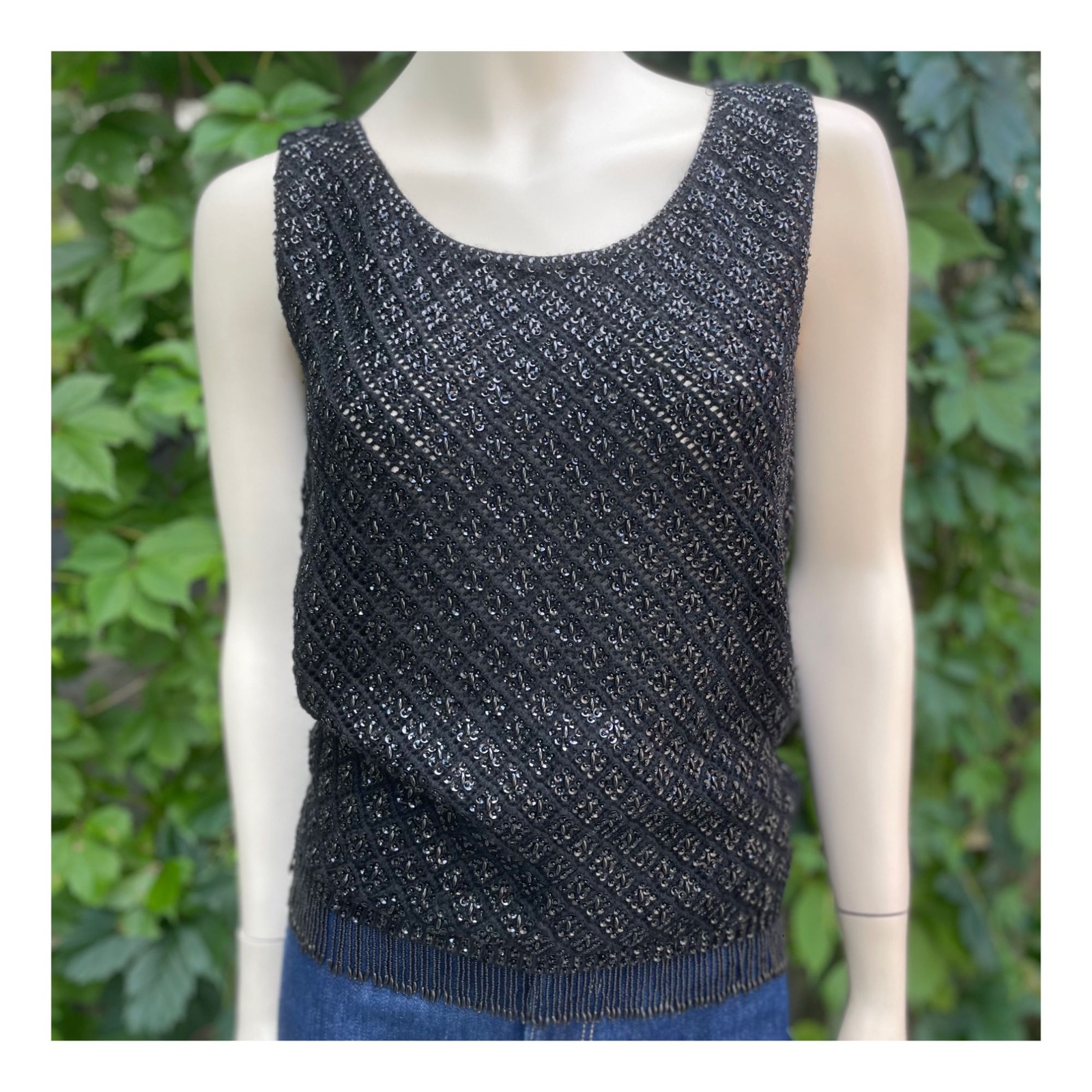 60s Tank Top Eaton’s 100% Wool Vintage Beaded Tassels Sz M Glam Sparkly