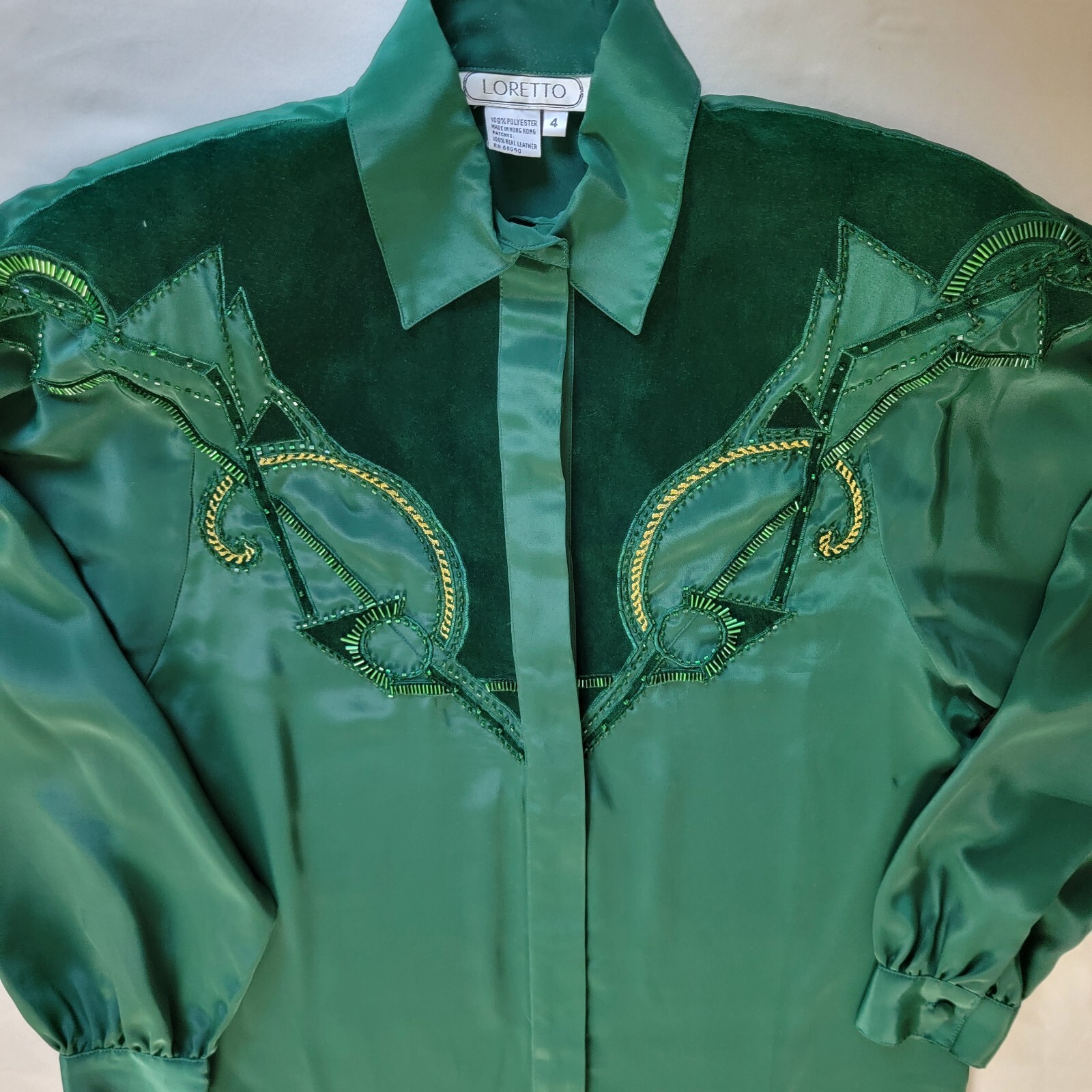 VTG Western Cowgirl Rodeo Baroque Sequin Suede Beaded Embroidery Blouse Green M
