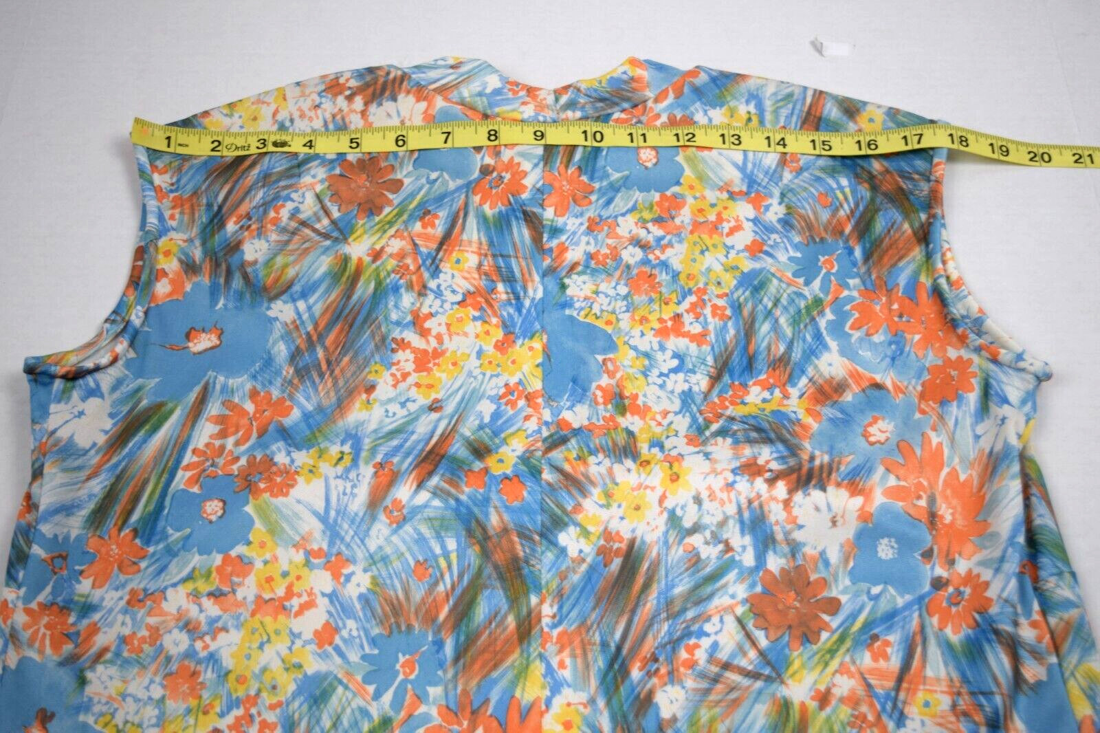 Vintage Midi Dress Blue Orange Yellow Size M 50s 60s Watercolor White Skirt Lace