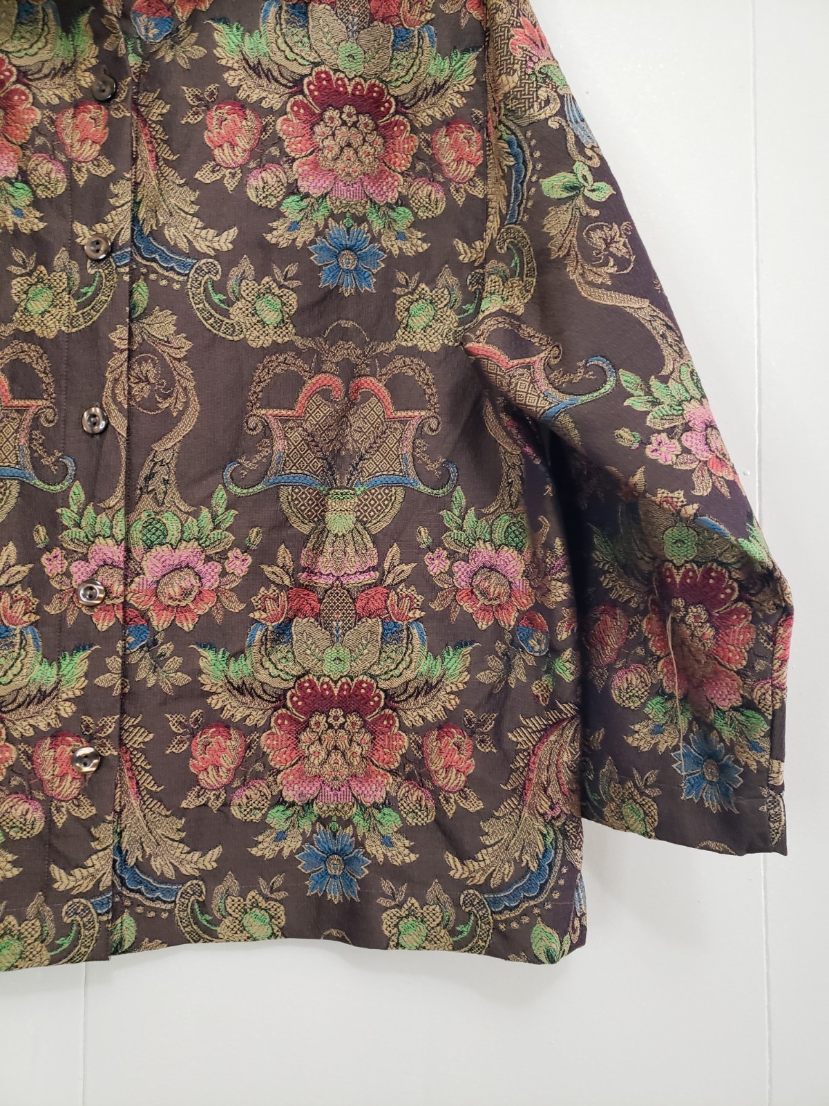 Vtg Bon Worth Women Petite M PM Jacquard Jacket Oriental Floral Brown Pink Artsy