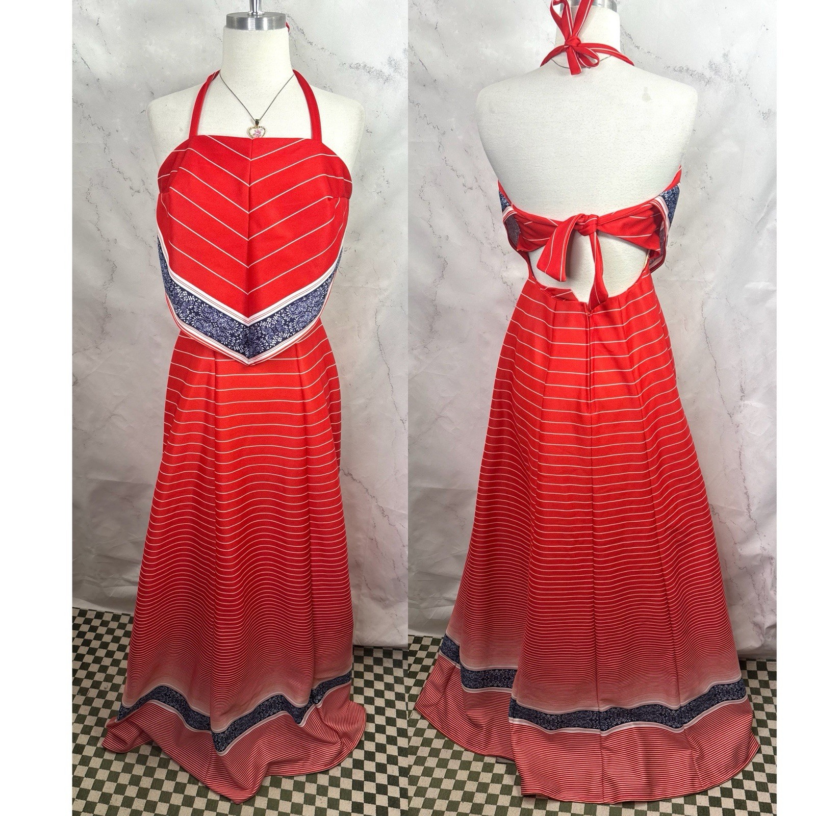 70s Jack Hartley Dress Miami Vintage Halter Red Maxi Dress Americana Boho S