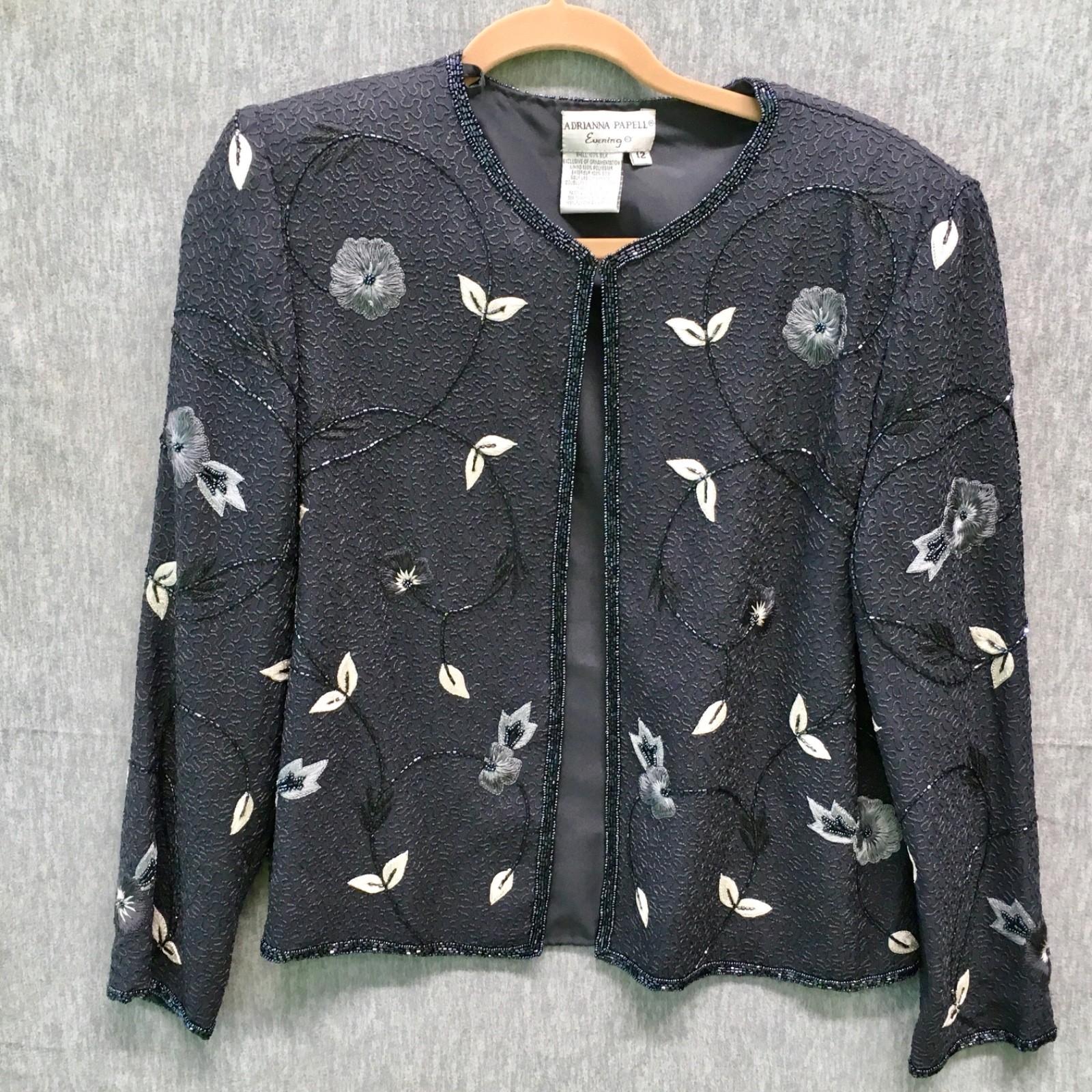 Adrianna Papell Evening Womens 12 Grey Beaded Sequin 100%Silk Long Sleeve Jacket