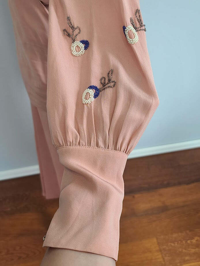 Vintage 1940s Pink Dress Beading on Sleeves Interesting Construction Adjustable