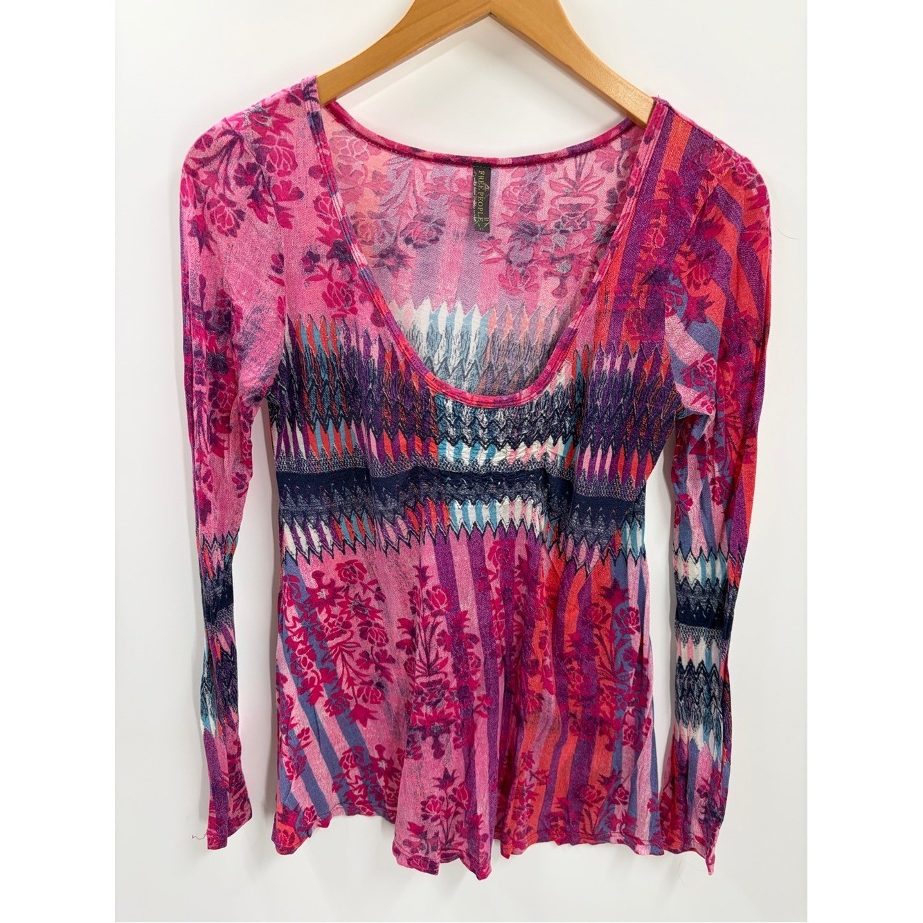 Free People Vintage Y2K Mixed Print Scoop Neck Top Pink Boho Geometric S/P