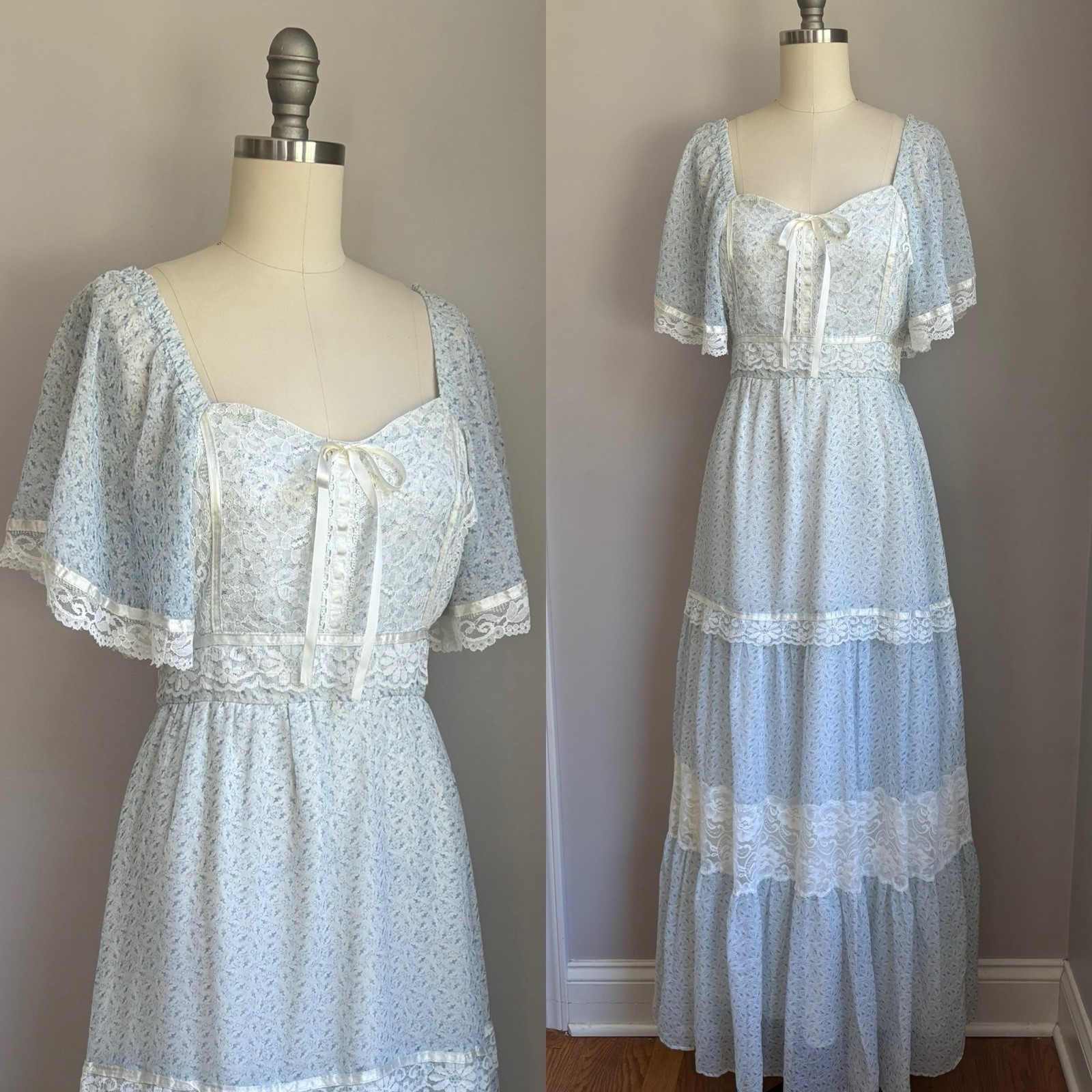 Vintage 1970’s Baby Blue Floral & Lace Cottagecore Prairie Maxi Dress XS