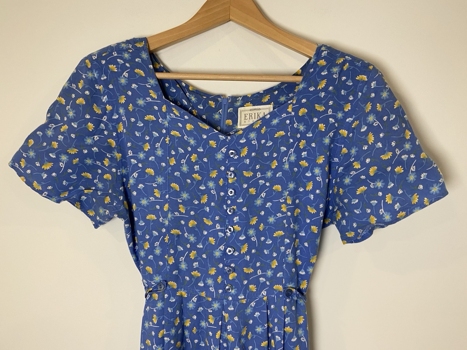 Vintage Erika Studio Dress 90’s Shoulder Pads Tie Waist Blue Yellow Floral S/M