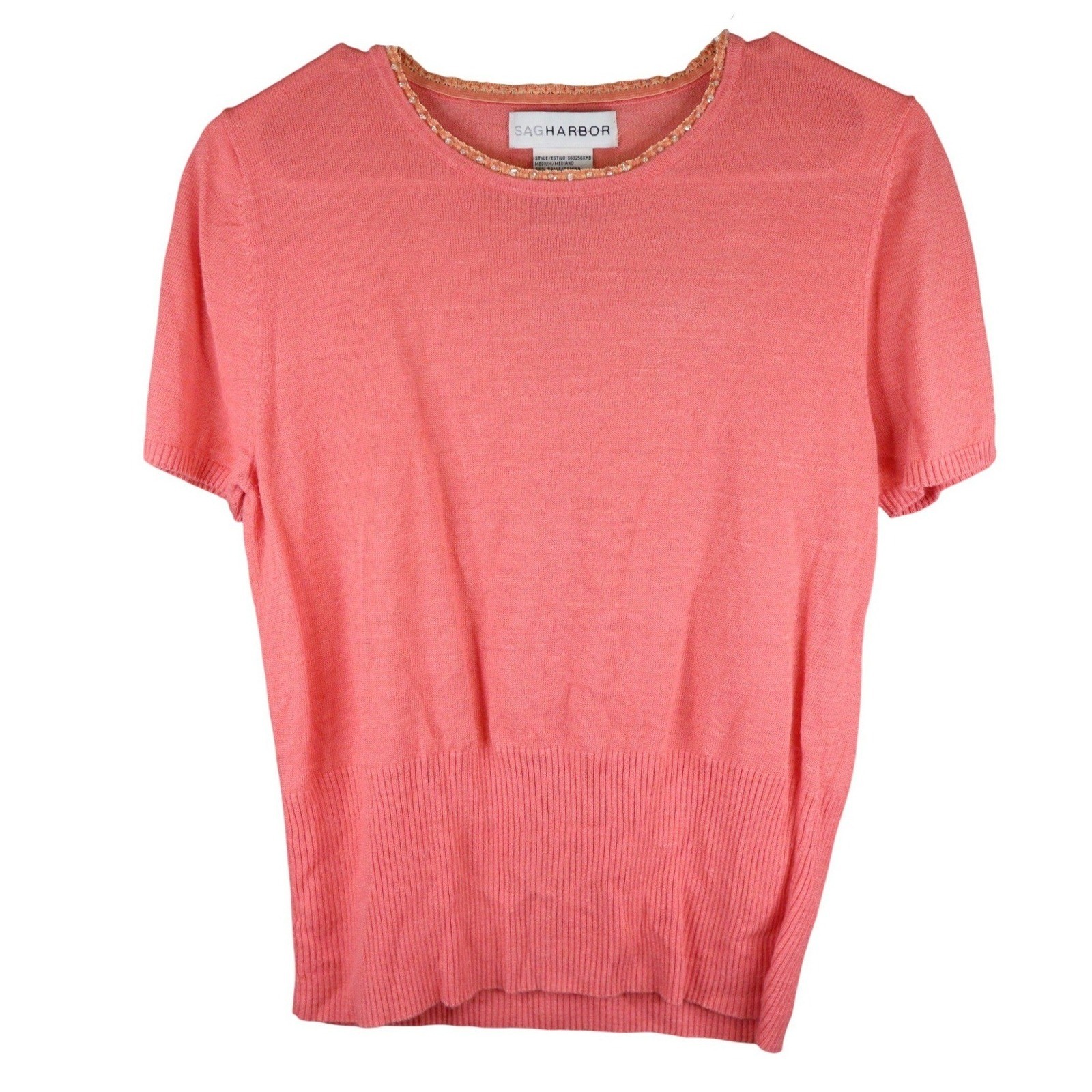 Sag Harbor Vintage Pink Knit Top Beaded Eyelet Lace Sequin Collar Medium Coral T