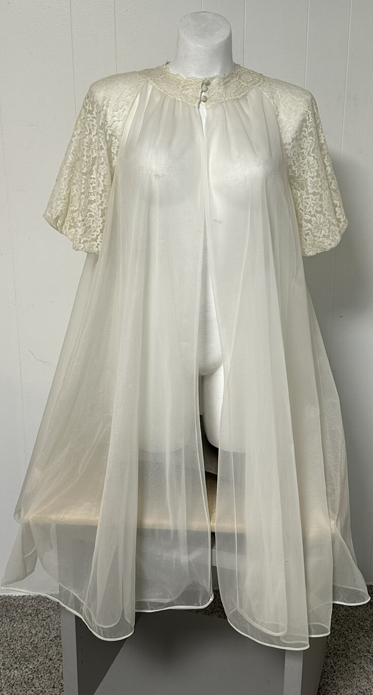 Vanity Fair Tricot Double Nylon Cream Peignoir Gown Robe Lace Bridal Midi 34 VTG