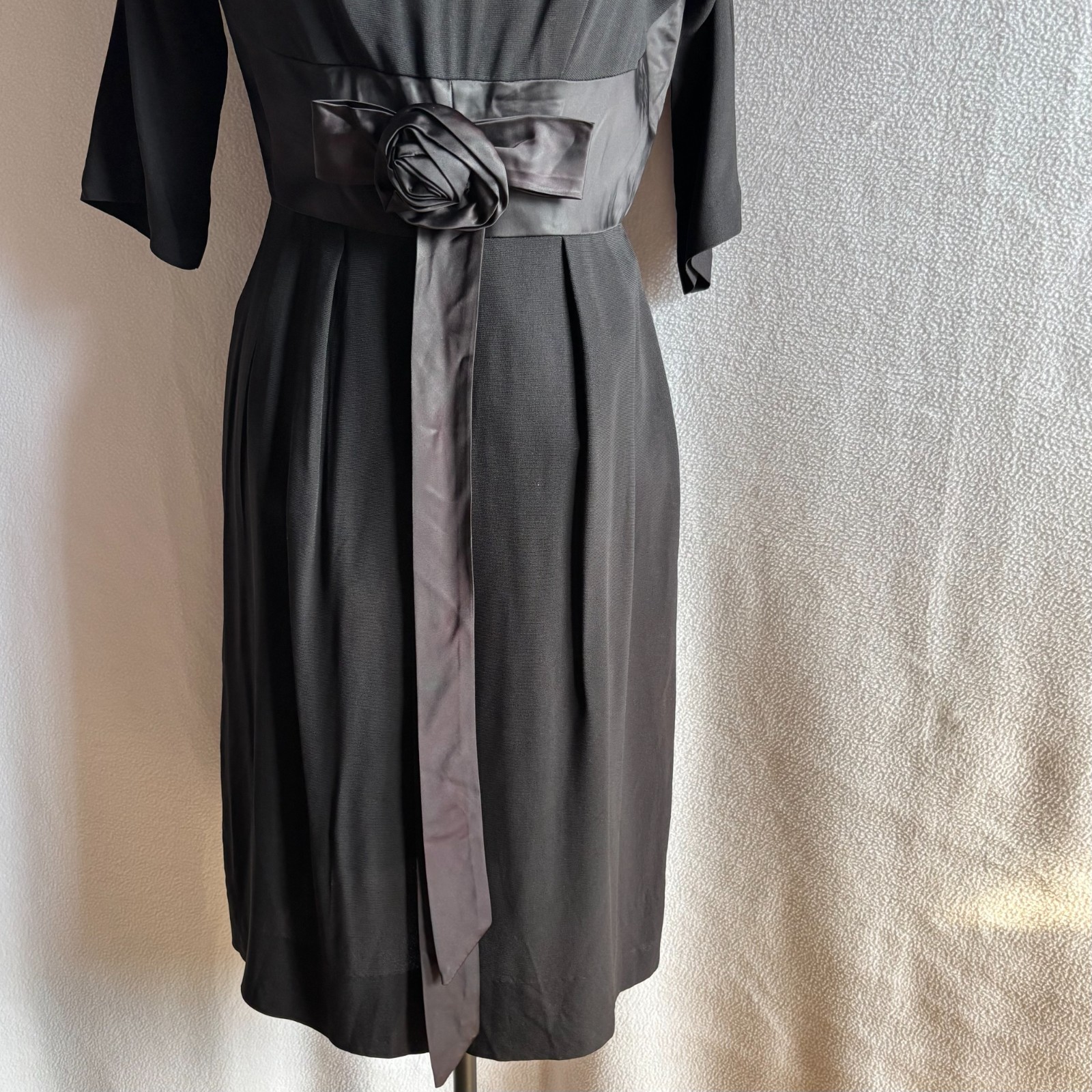 Vintage 1950s Lora Lenox Little Black Sheath Dress LBD with Satin Flower