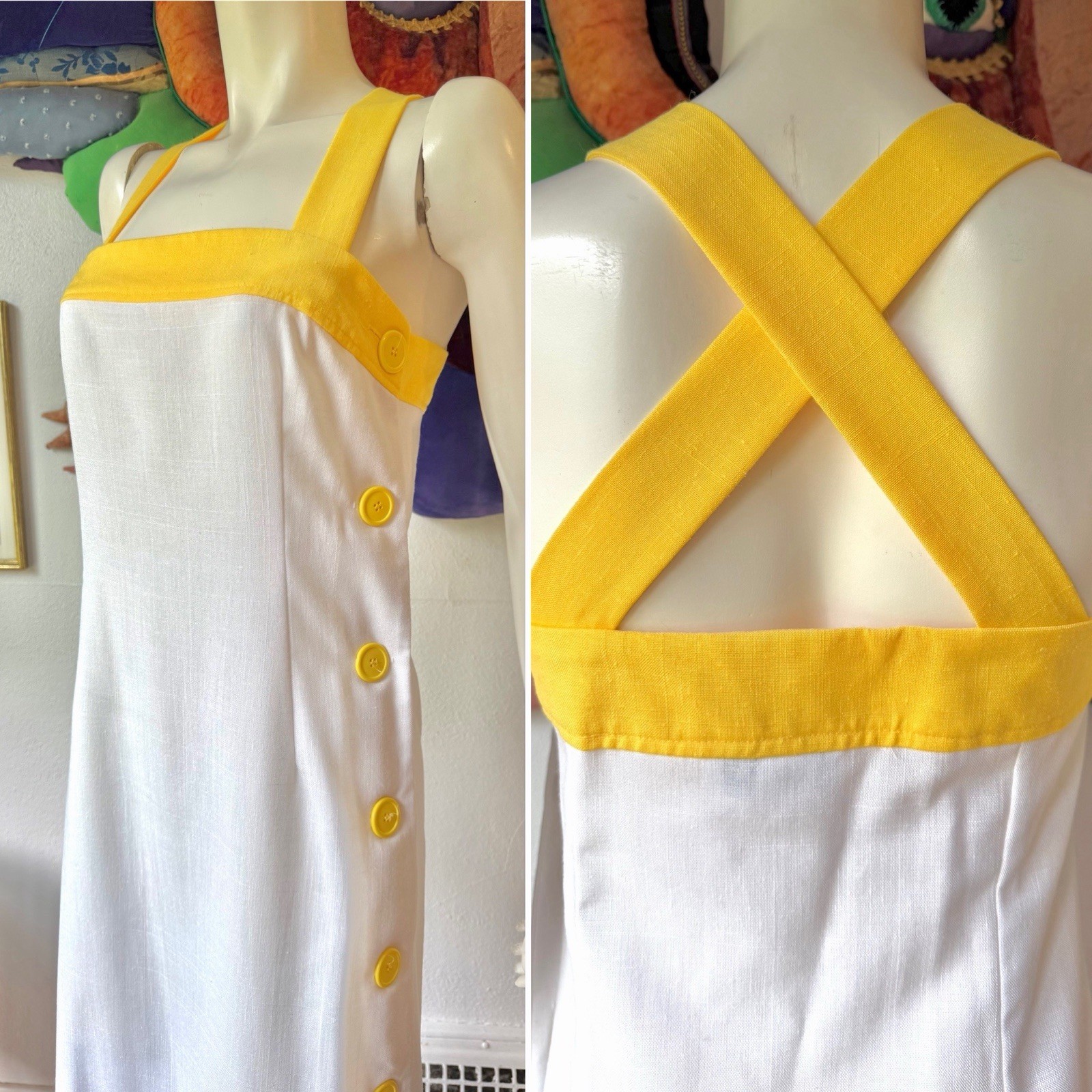 Vintage 1970s 1980s SIDE BUTTON DRESS Cotton White Yellow ‘Pedestal’ Cross Back