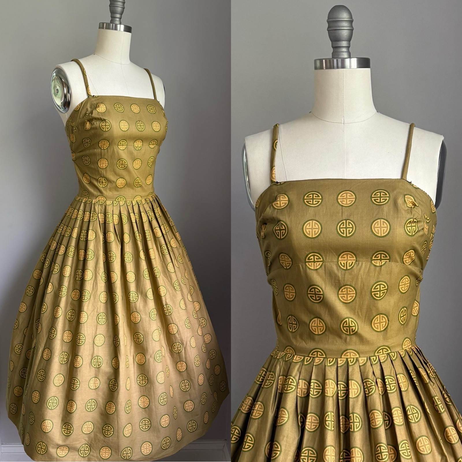 Vintage 1950’s Cotton Chinese Good Fortune Longevity Print Sun Dress Size XS
