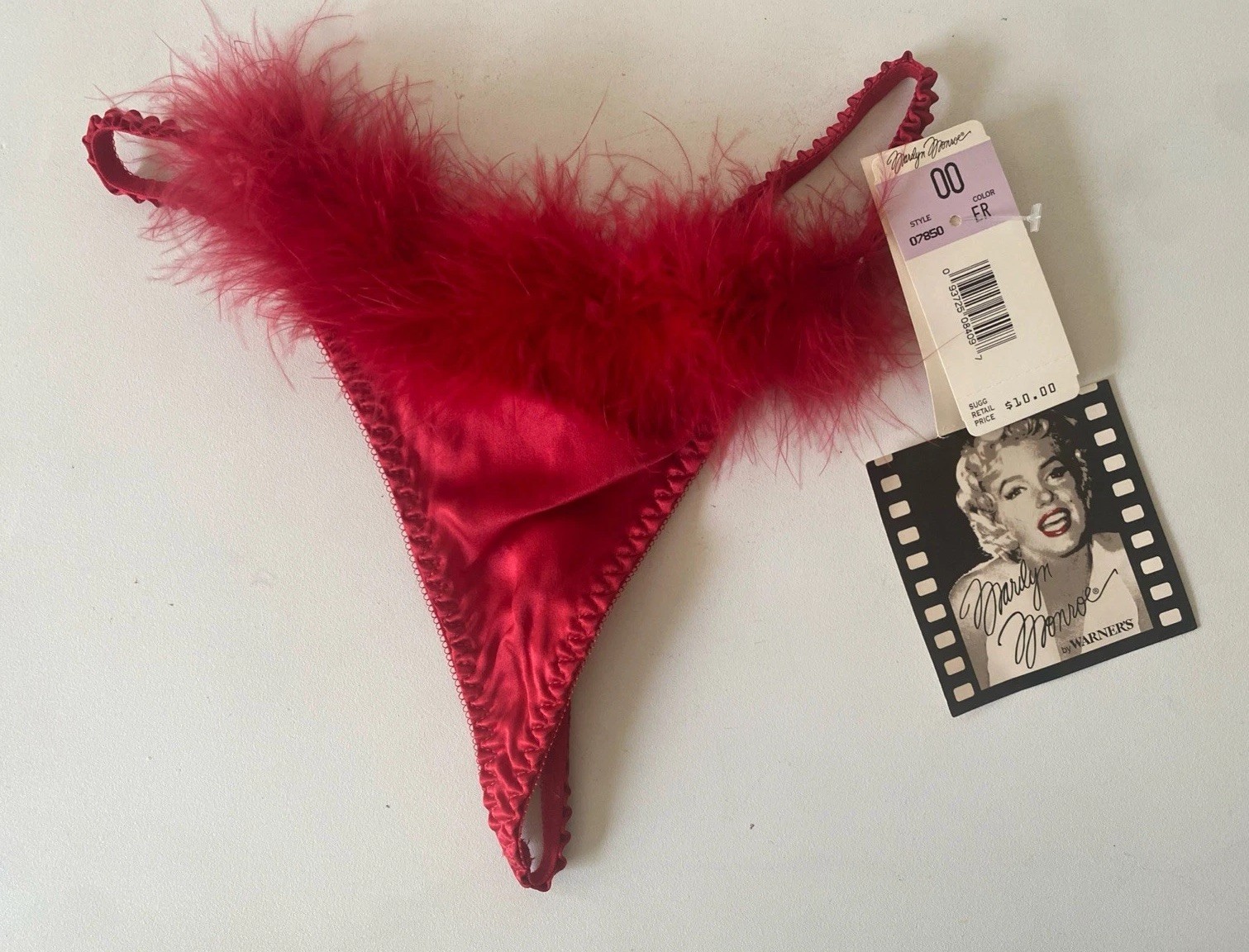 Vtg 90s Marilyn Monroe Warners 100% Silk Thong Panty Feather Trim NWT One Size