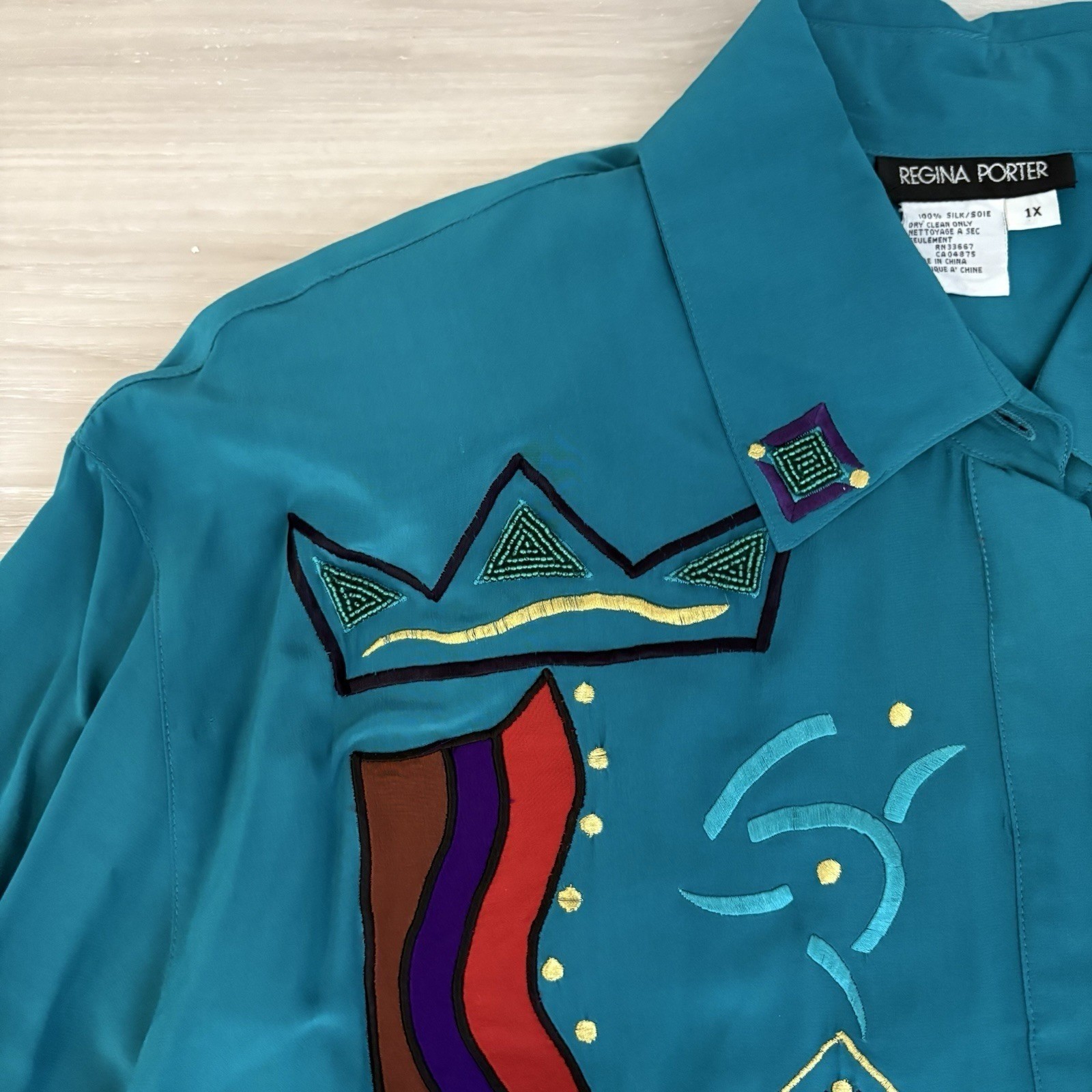 Regina Porter Womens Blouse Vintage 100% Silk Teal Abstract Embroidered Size 1X
