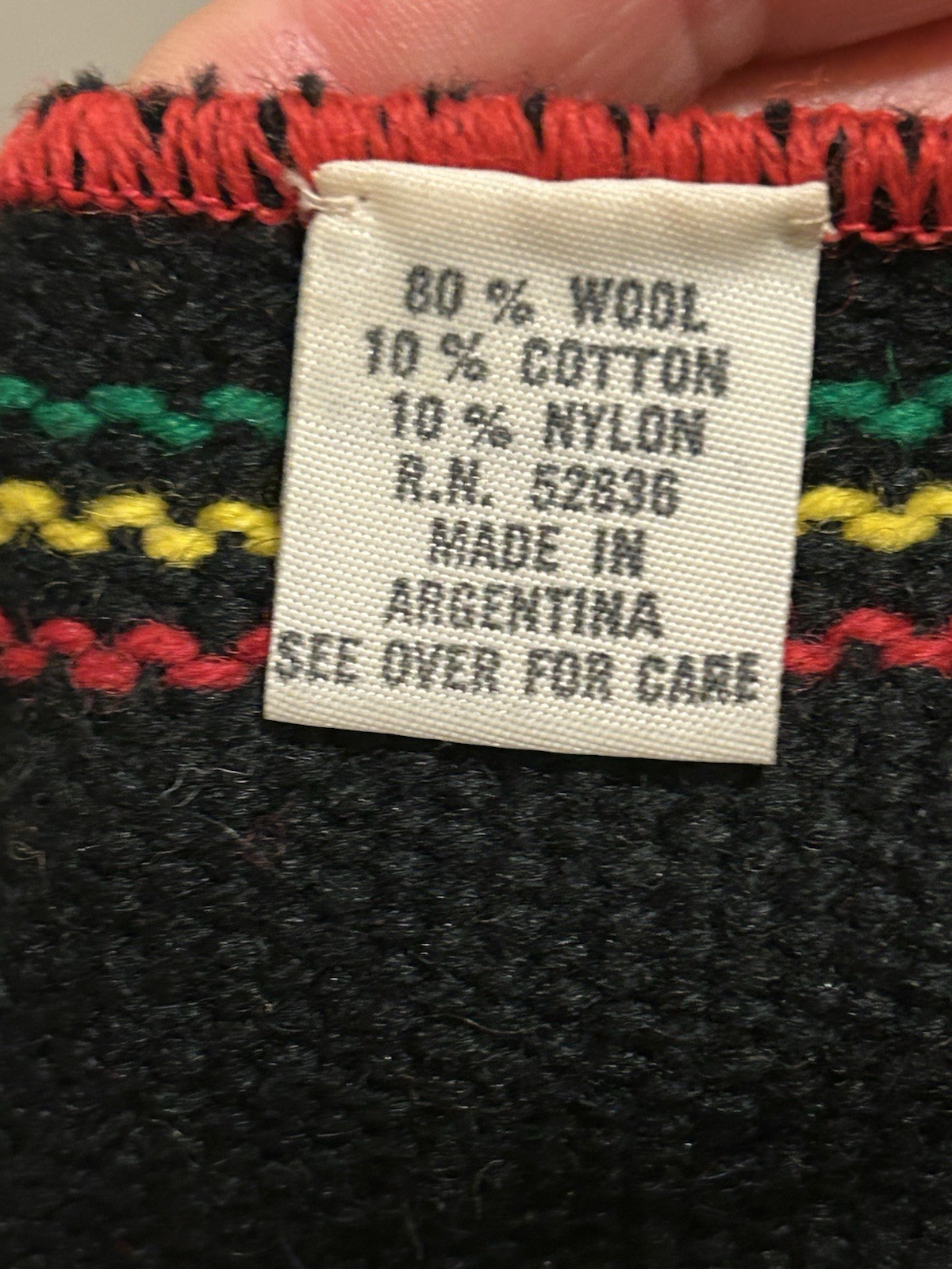 VTG Handmade Wool Blend Argentinian Poncho Vest One Size Black Green Red Yellow