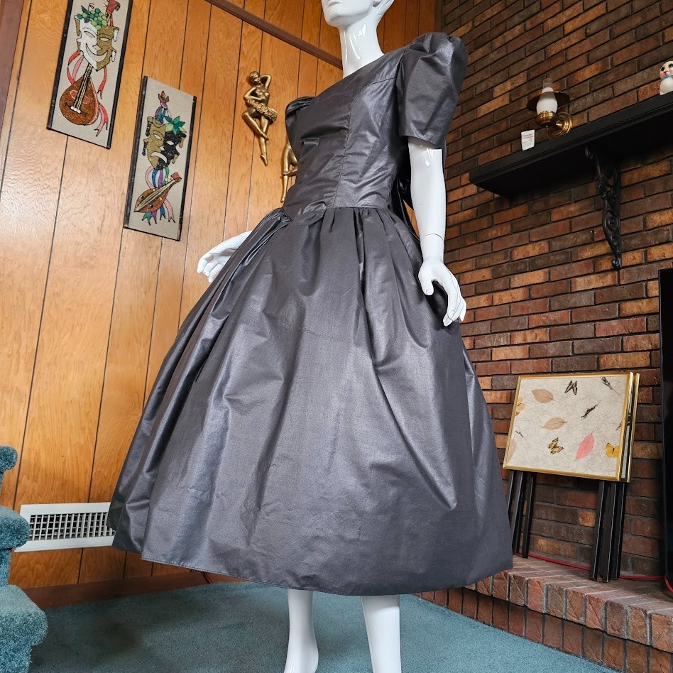 Vtg 80s Goth Princess Wedding Gunmetal Pageant Prom Party Circle Evening Dress M