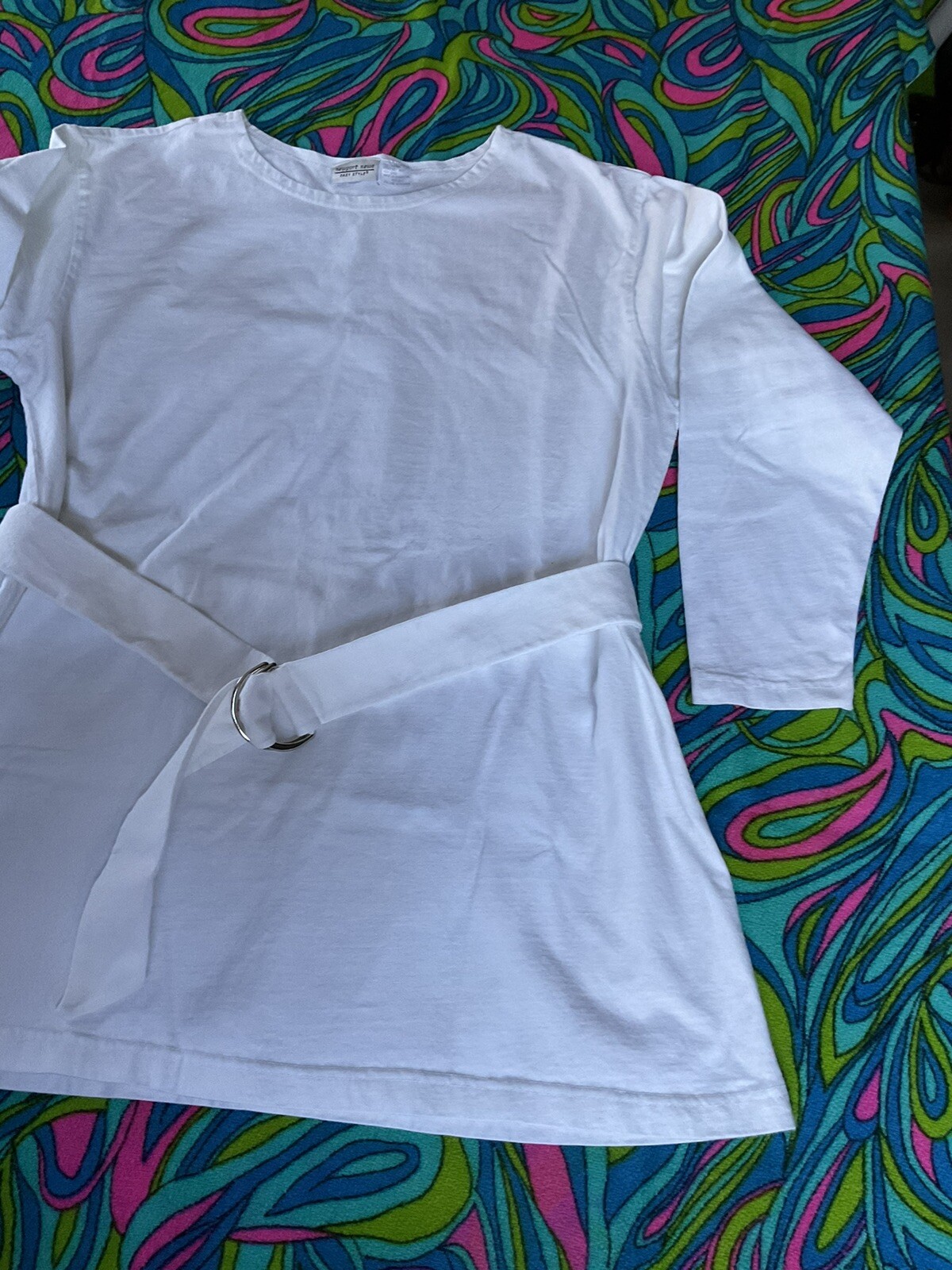 Vintage White DressyT-Shirt 3/4 Sleeve Metal Ring Matching Belt Newport News 90s