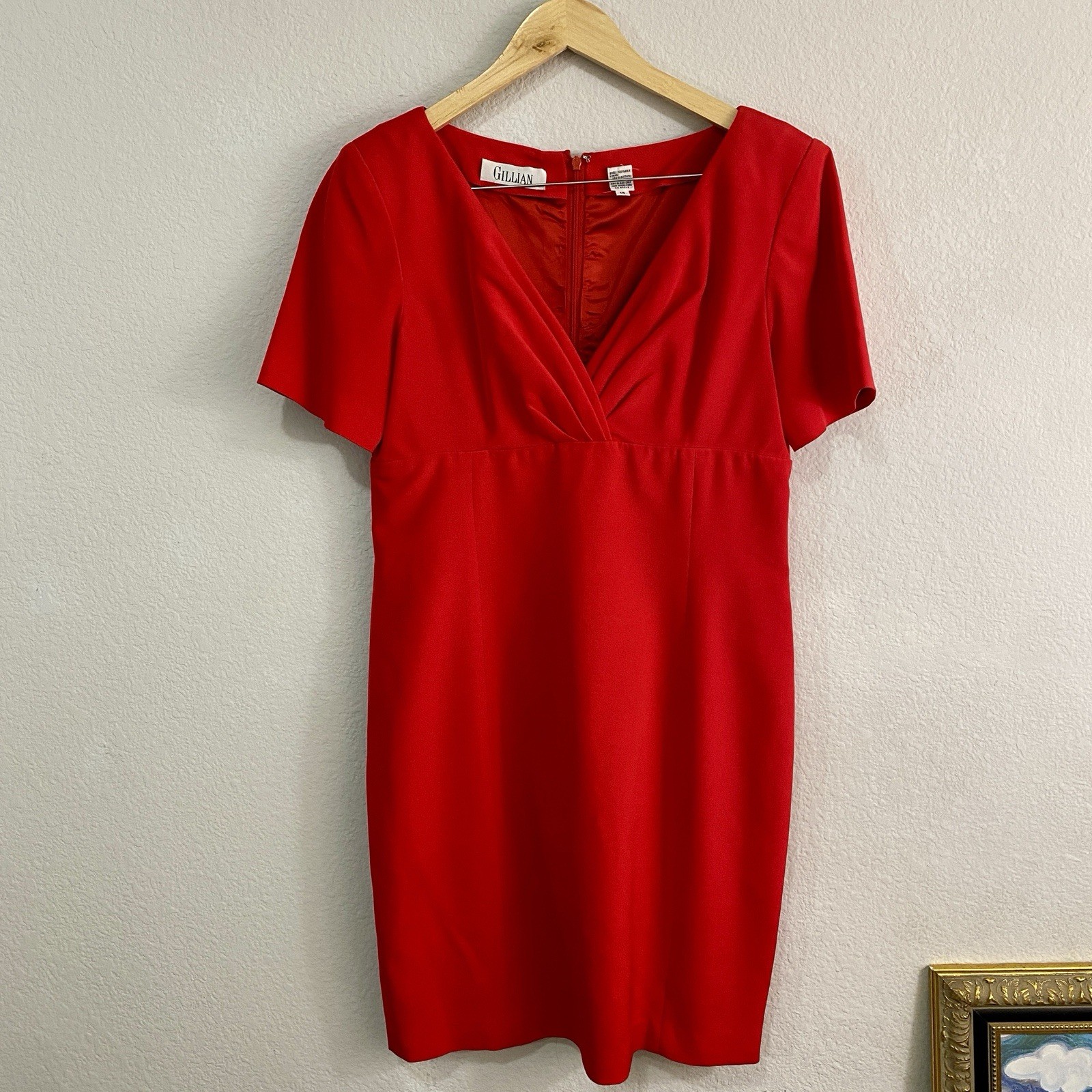 VTG Gillian 100% Silk Red Draped Surplice V-Neck Sheath Dress Size 14