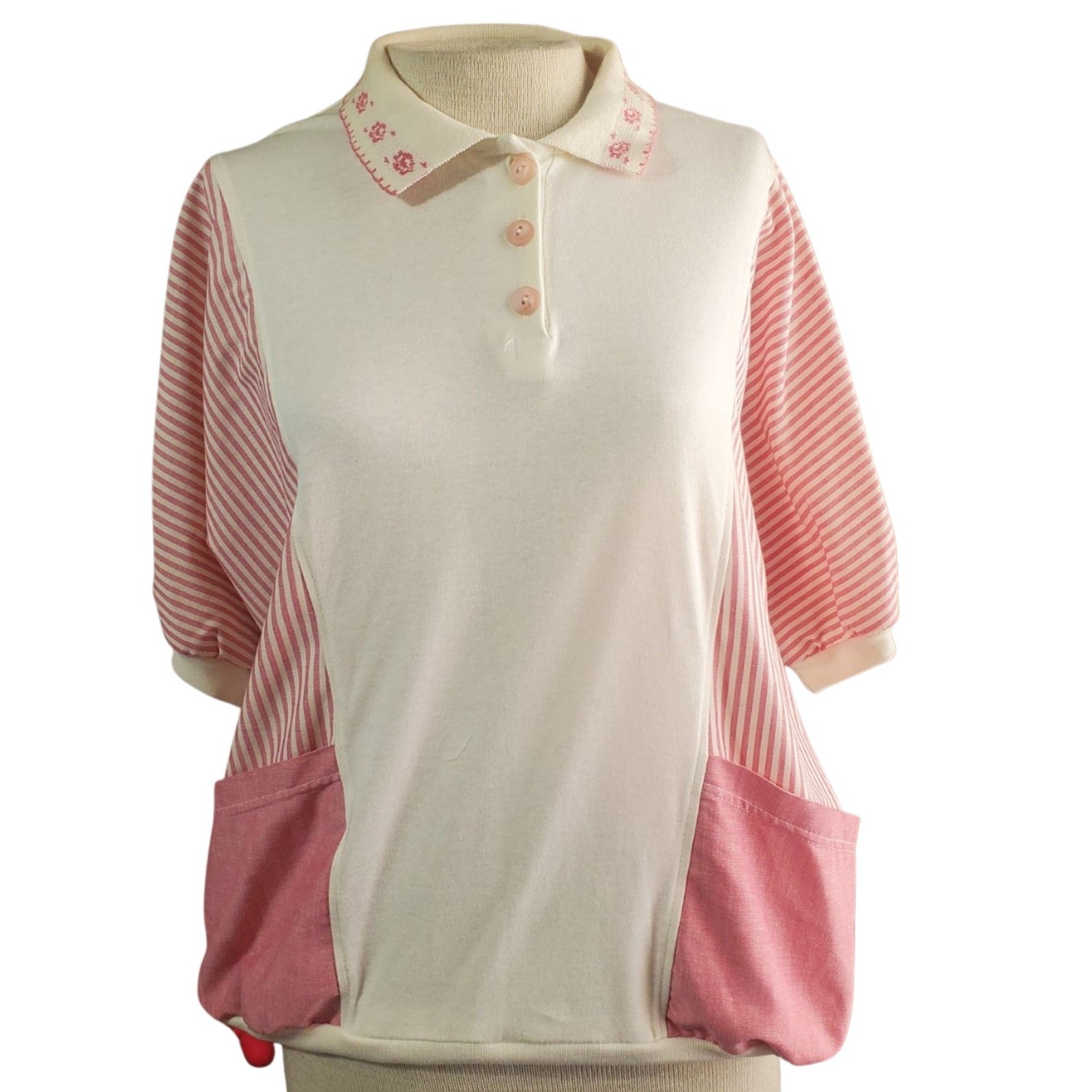 Vintage 80s Pink and White Top with Pockets Size Medium