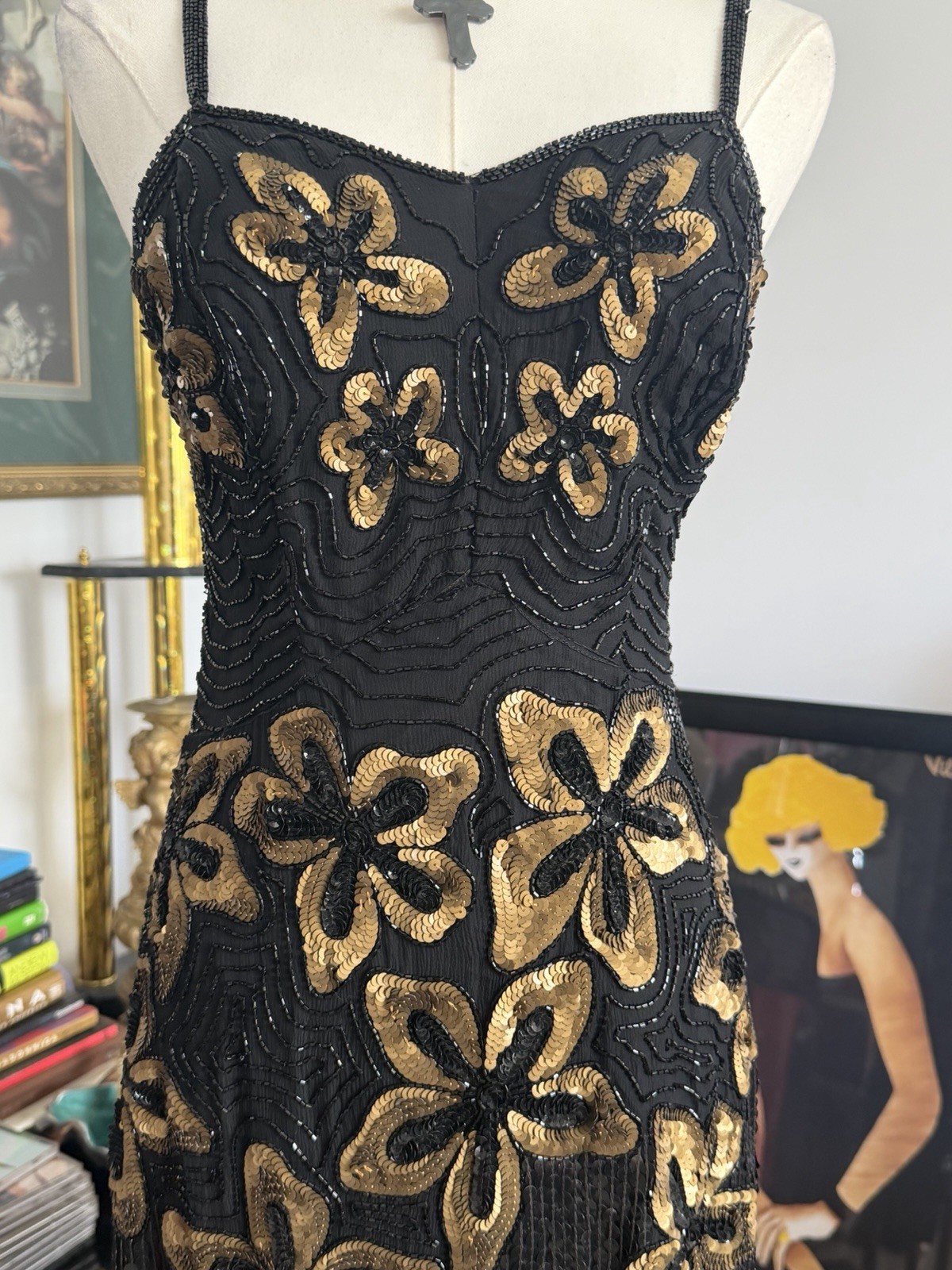 Vintage MEGRE Pure Silk Beaded Sequin Floral Evening Dress Black Gold Size S-M