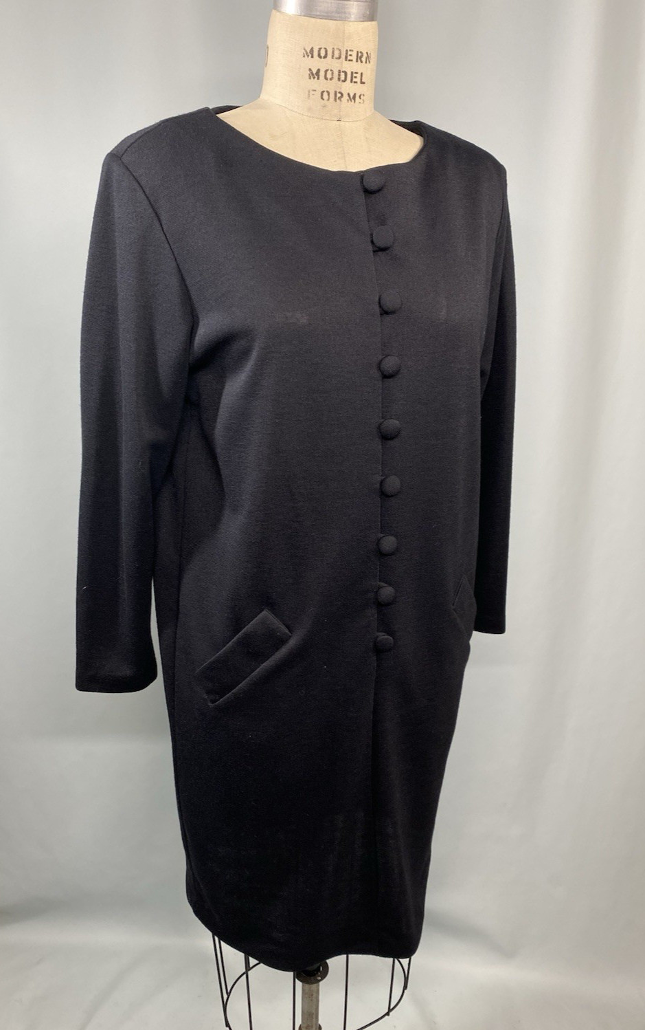 Vintage Dress SIZE 12 LARGE black knit EXPO 80s 90s button pockets wool