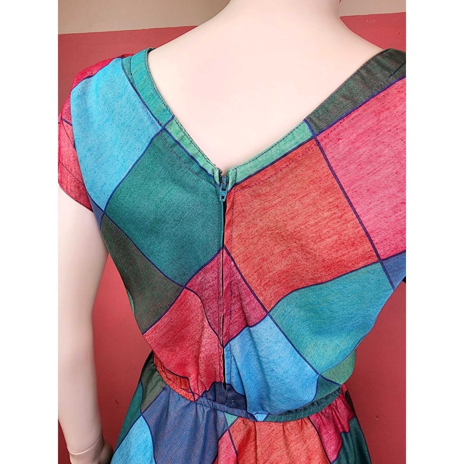 Vintage 1970’s Madras Harlequin Diamond Check Plaid Magenta Blue Shirt Dress