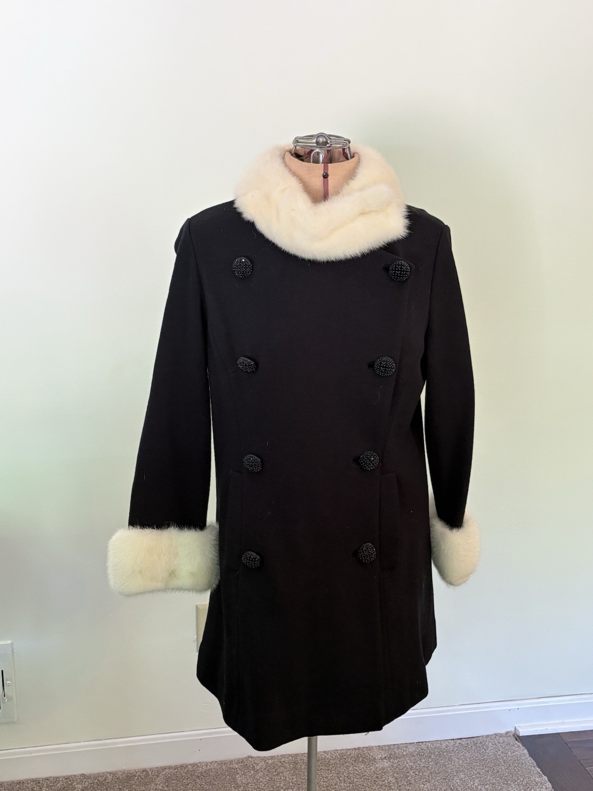 Vtg Belgium Black Wool Coat W/ White Mink Collar & Cuffs Double Breasted S/M