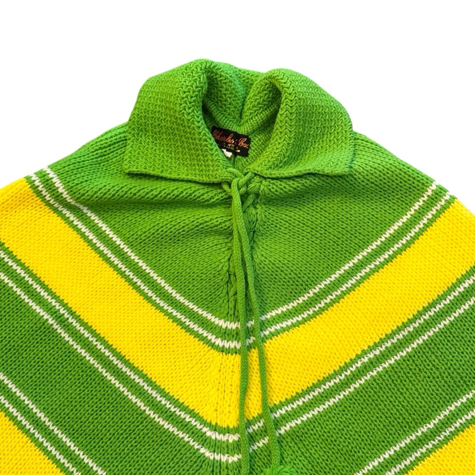 70s Vintage Green and Yellow Chevron Print Knit Swewater Lace up Poncho – L