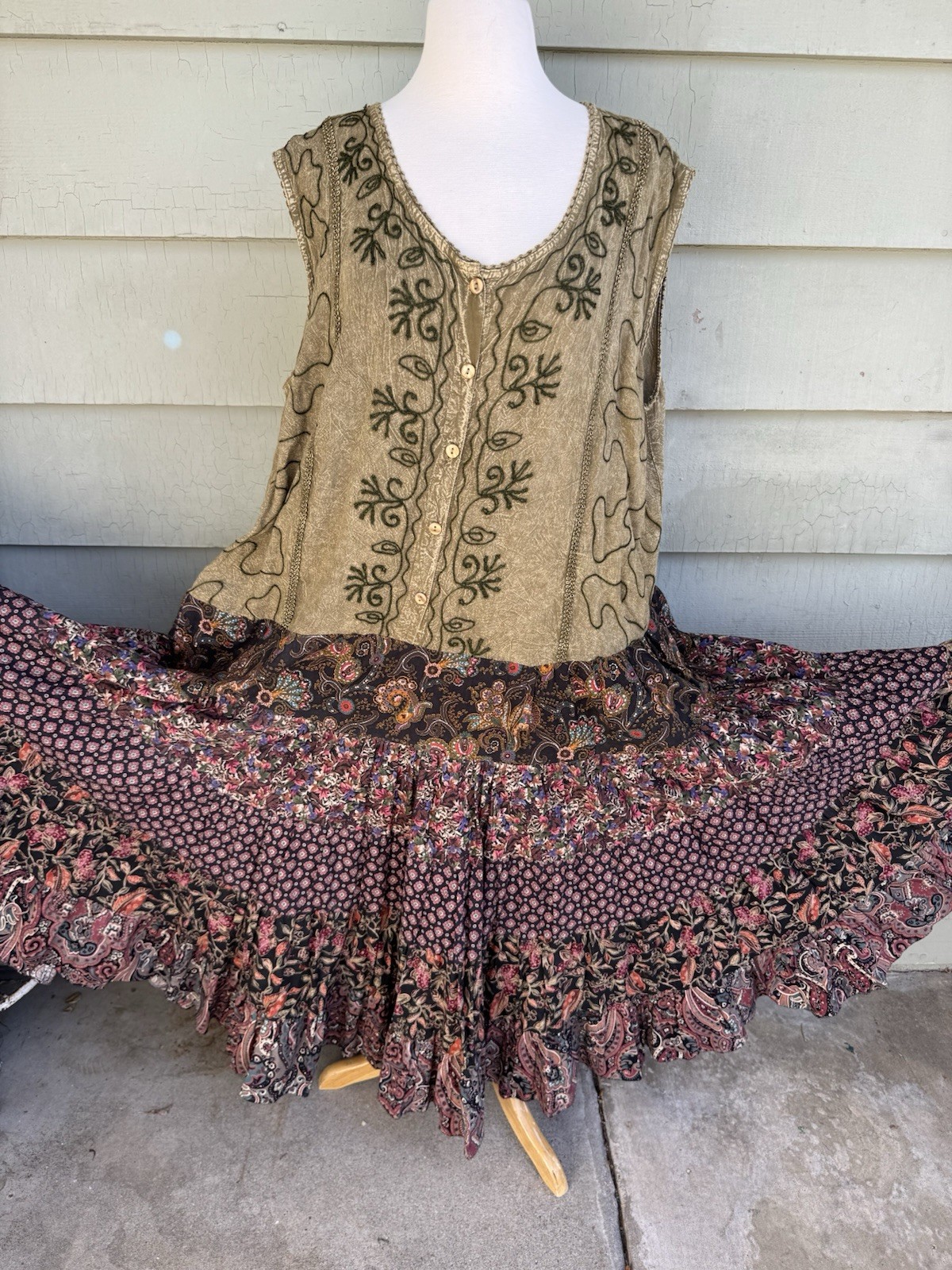 Vintage Anna Konya Dress Gypsy *Altered* Green Brown Floral Paisley Boho 3X