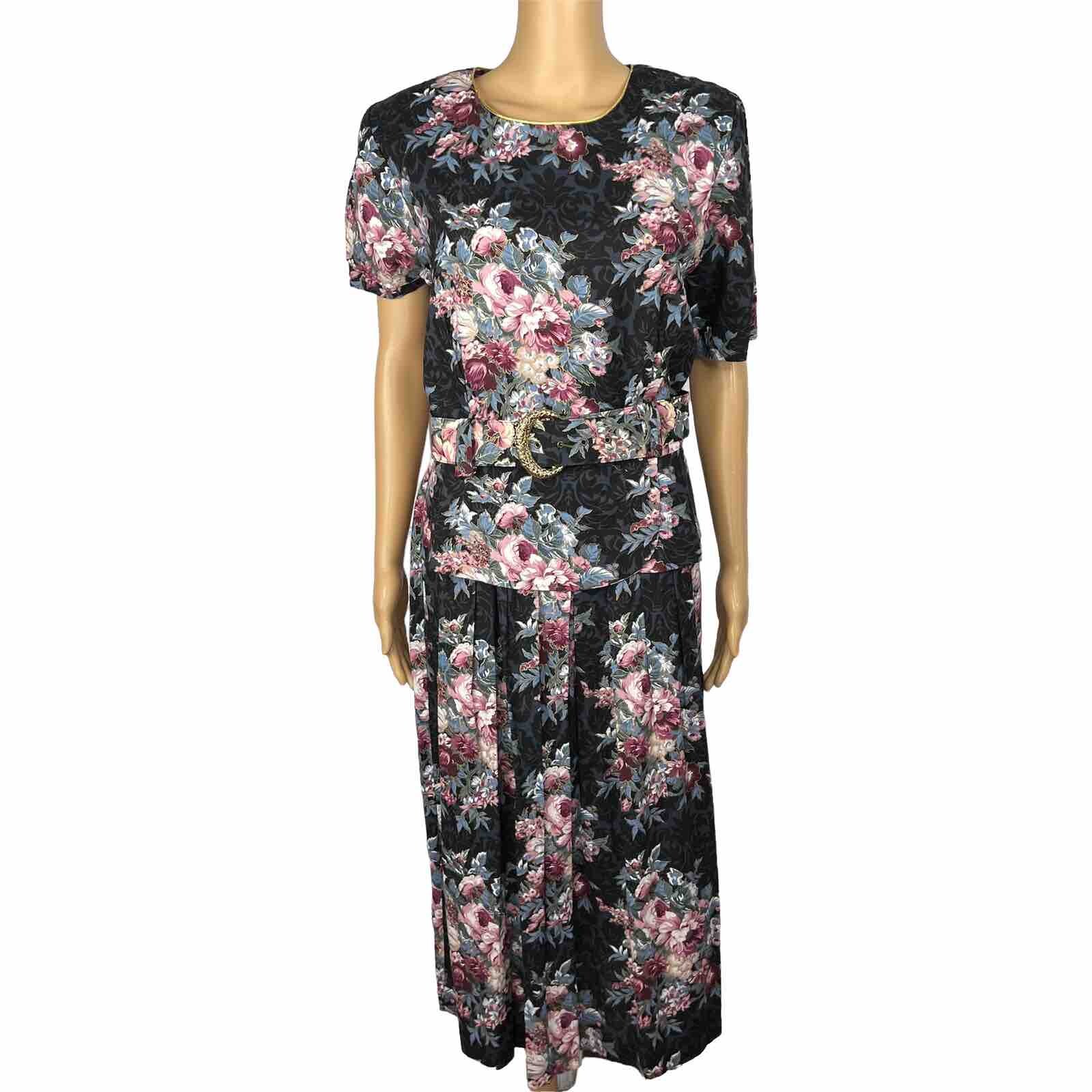 DBY USA Vintage 80s Cotton Rayon Dress Size 15/16 Floral Cowgirl Belted Pleated