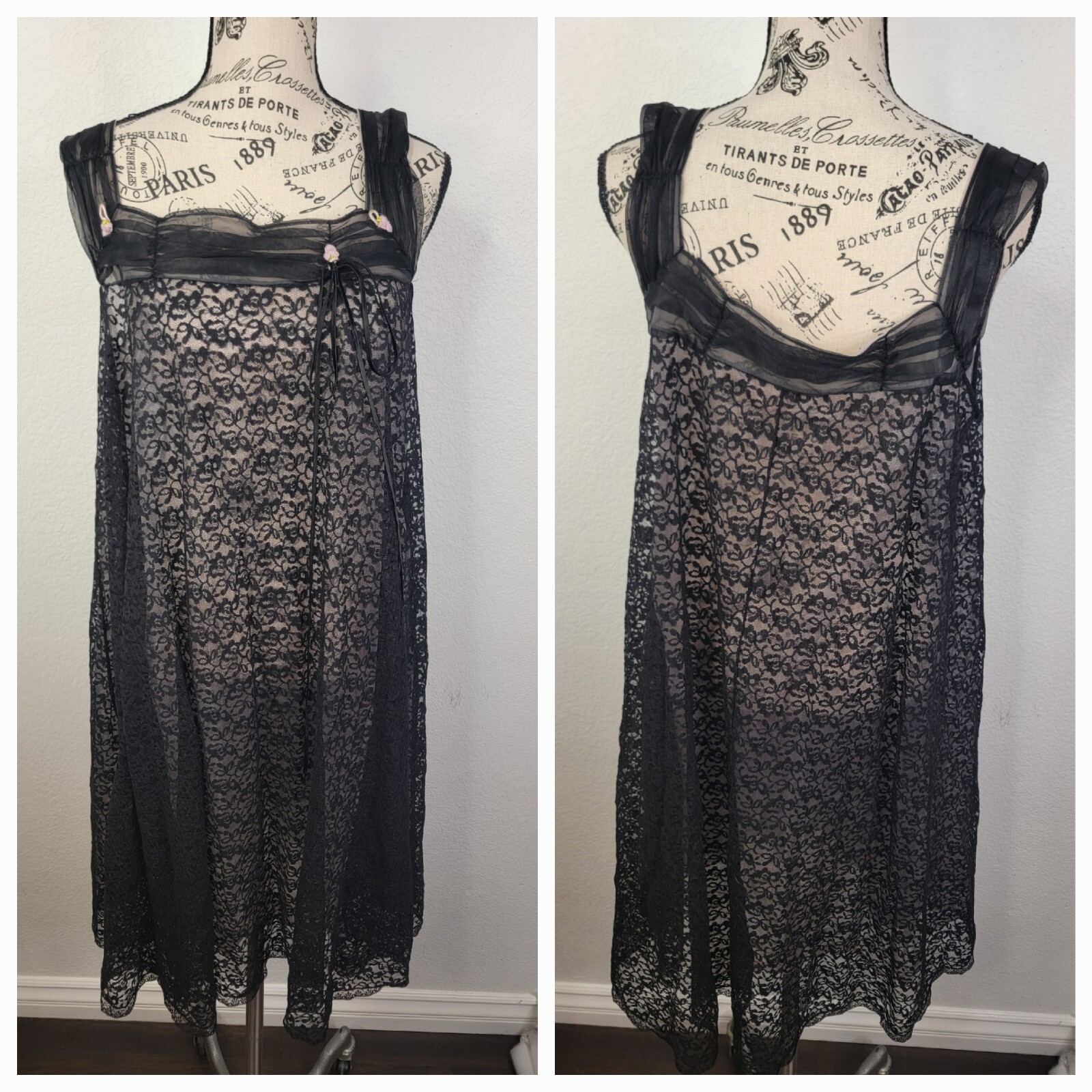 Gotham Gold Stripe Vintage Nightgown Medium Floral Lace Overlaid Whimsygoth